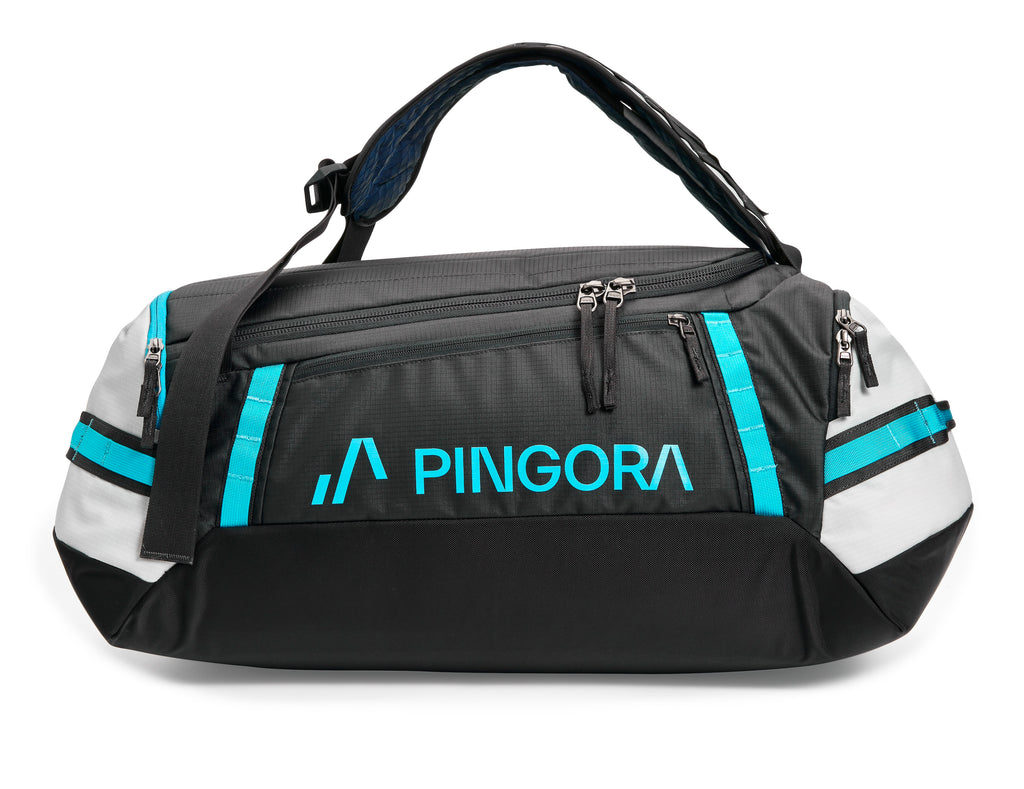 Pingora Radia travel duffel in black and white side view