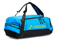 Pingora Radia travel duffel in blue and black back view showing harness straps