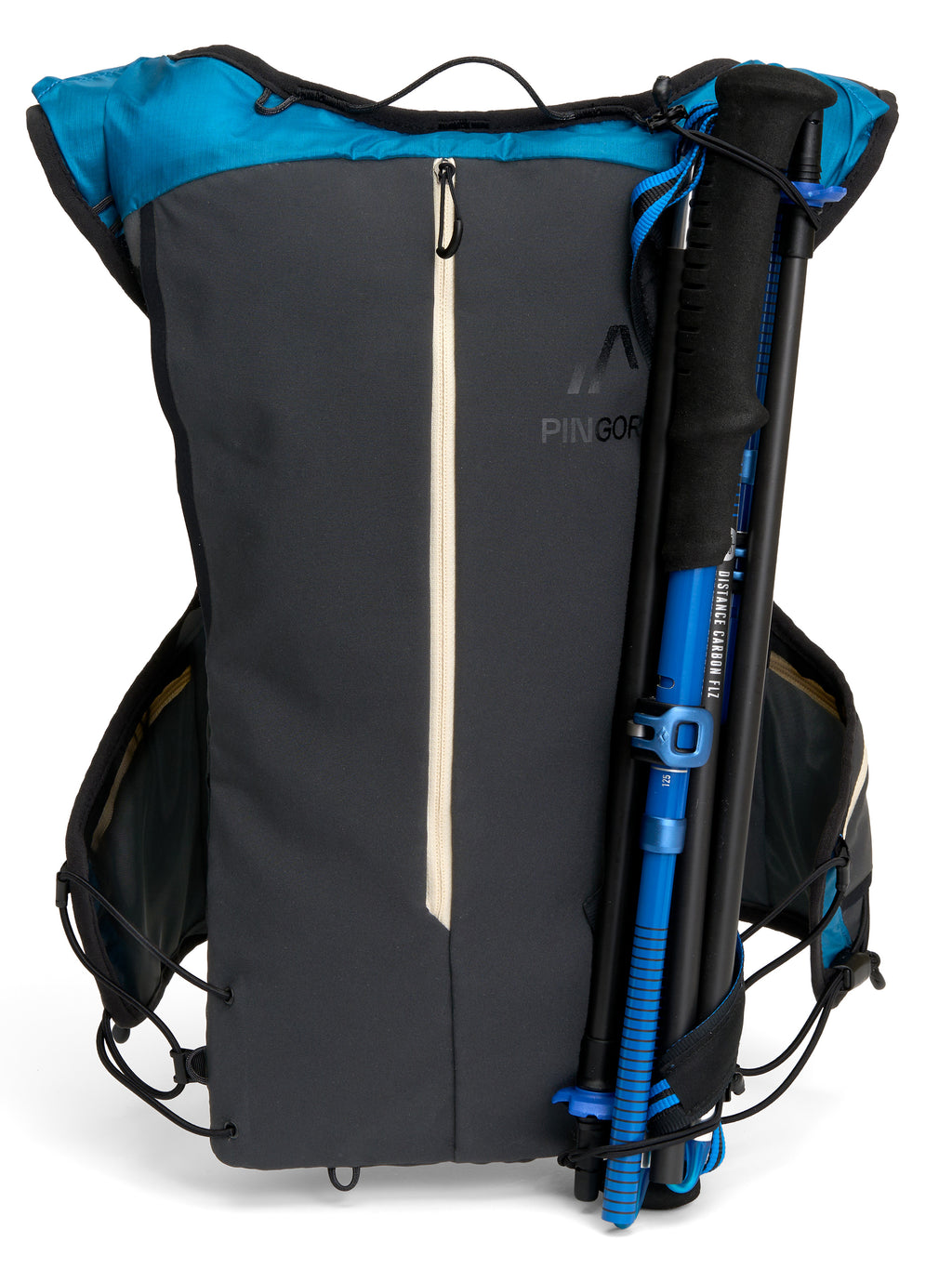 Pingora Flow trail running backpack in blue color back view with trekking poles