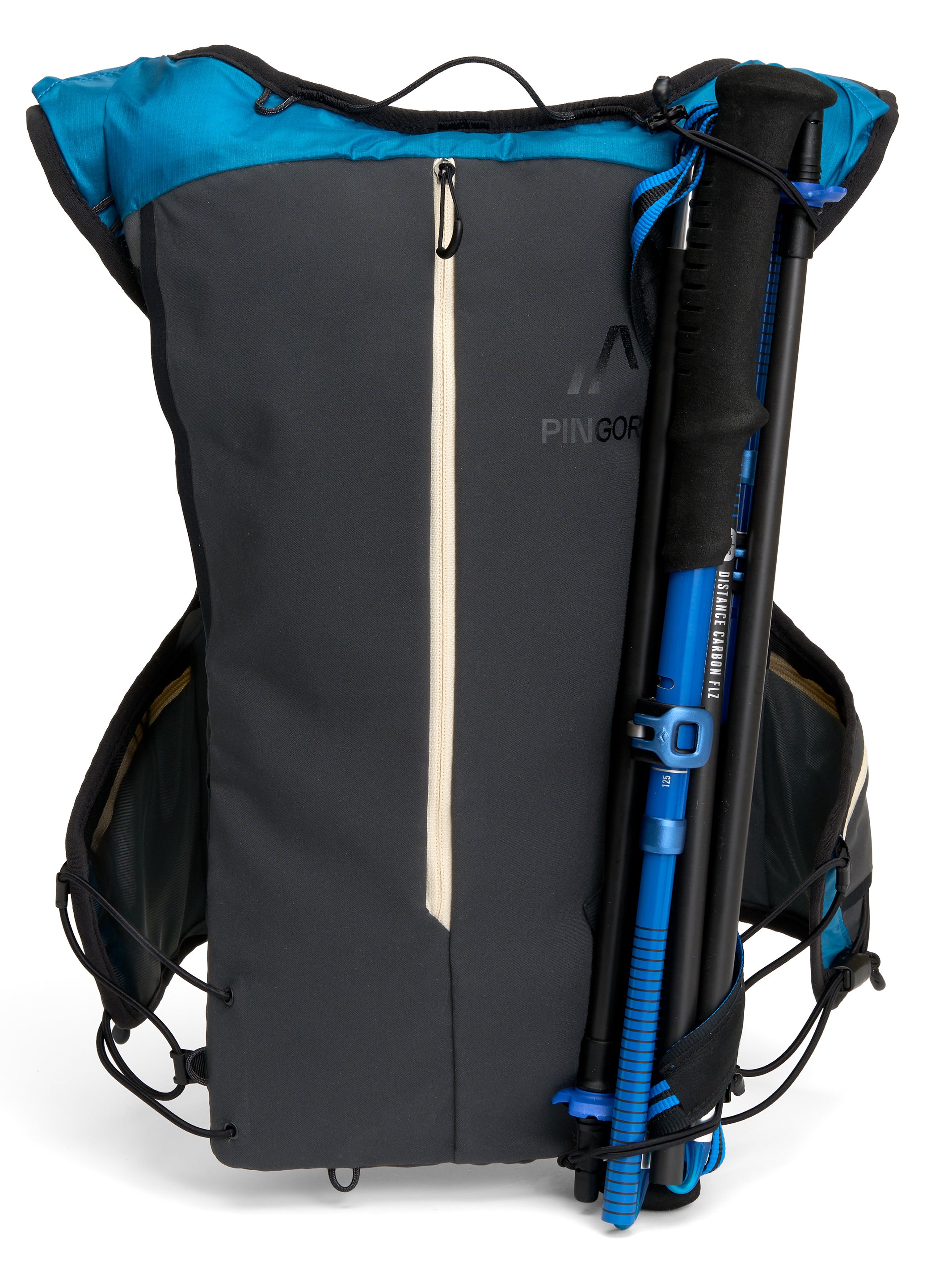 Pingora Flow trail running backpack in blue color back view with trekking poles