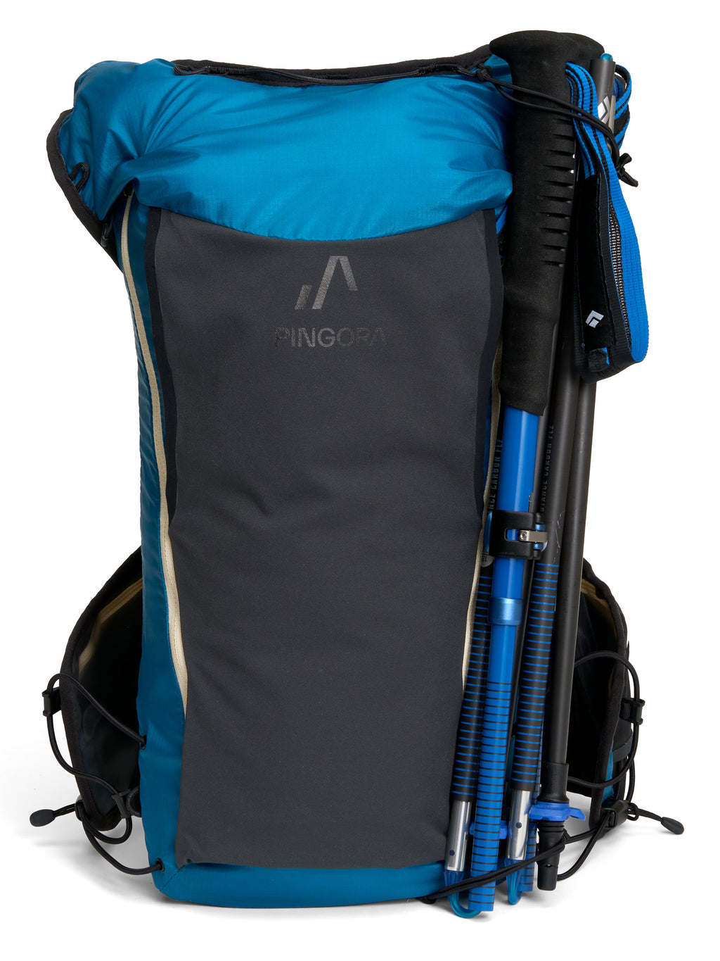 Pingora Flow trail running backpack in blue color back view showing trekking pole storage