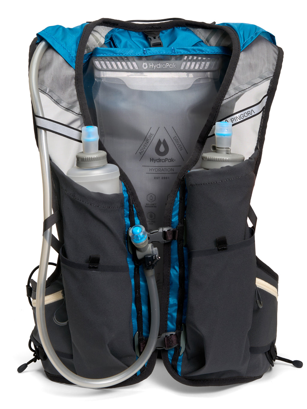 Pingora Flow trail running backpack in blue color harness full view showing water bottle storage and hydration bladder hose