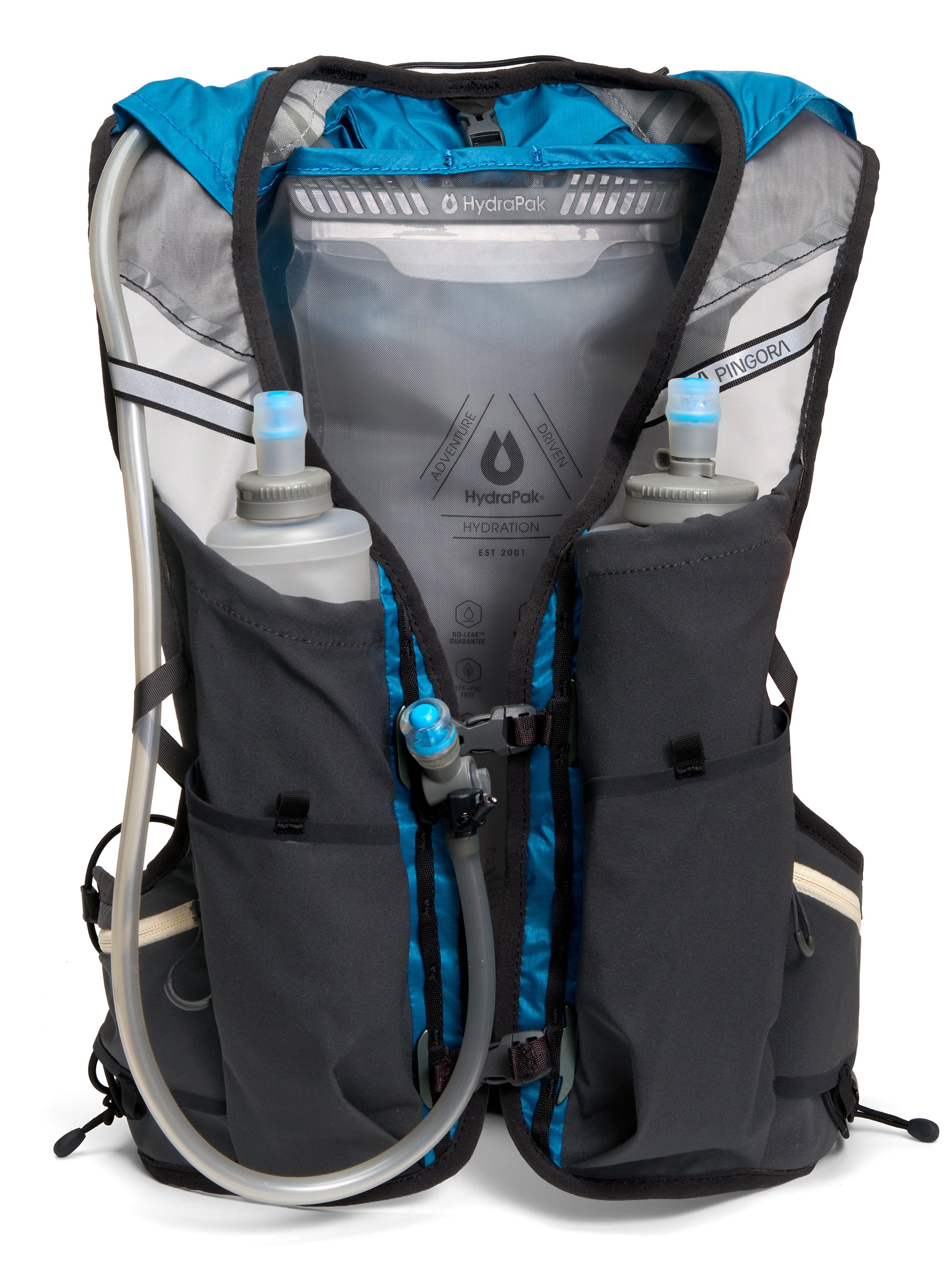 Pingora Flow trail running backpack in blue color harness full view showing water bottle storage and hydration bladder hose