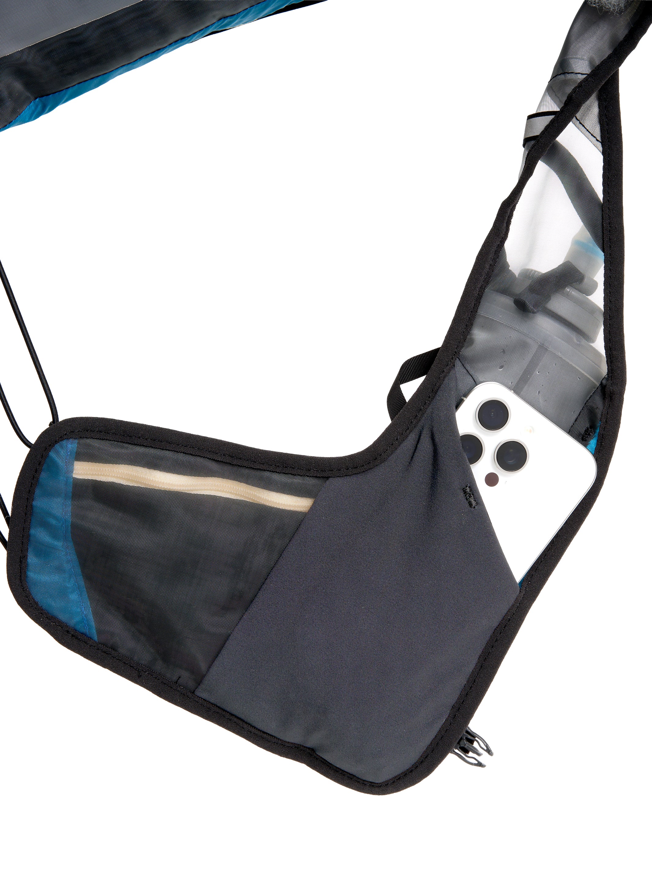 Pingora Flow trail running backpack in blue color showing harness pocket detail