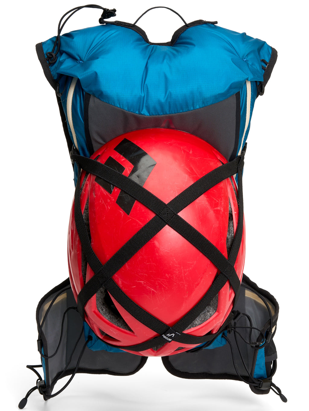 Pingora Flow trail running backpack in blue color showing optional helmet storage 