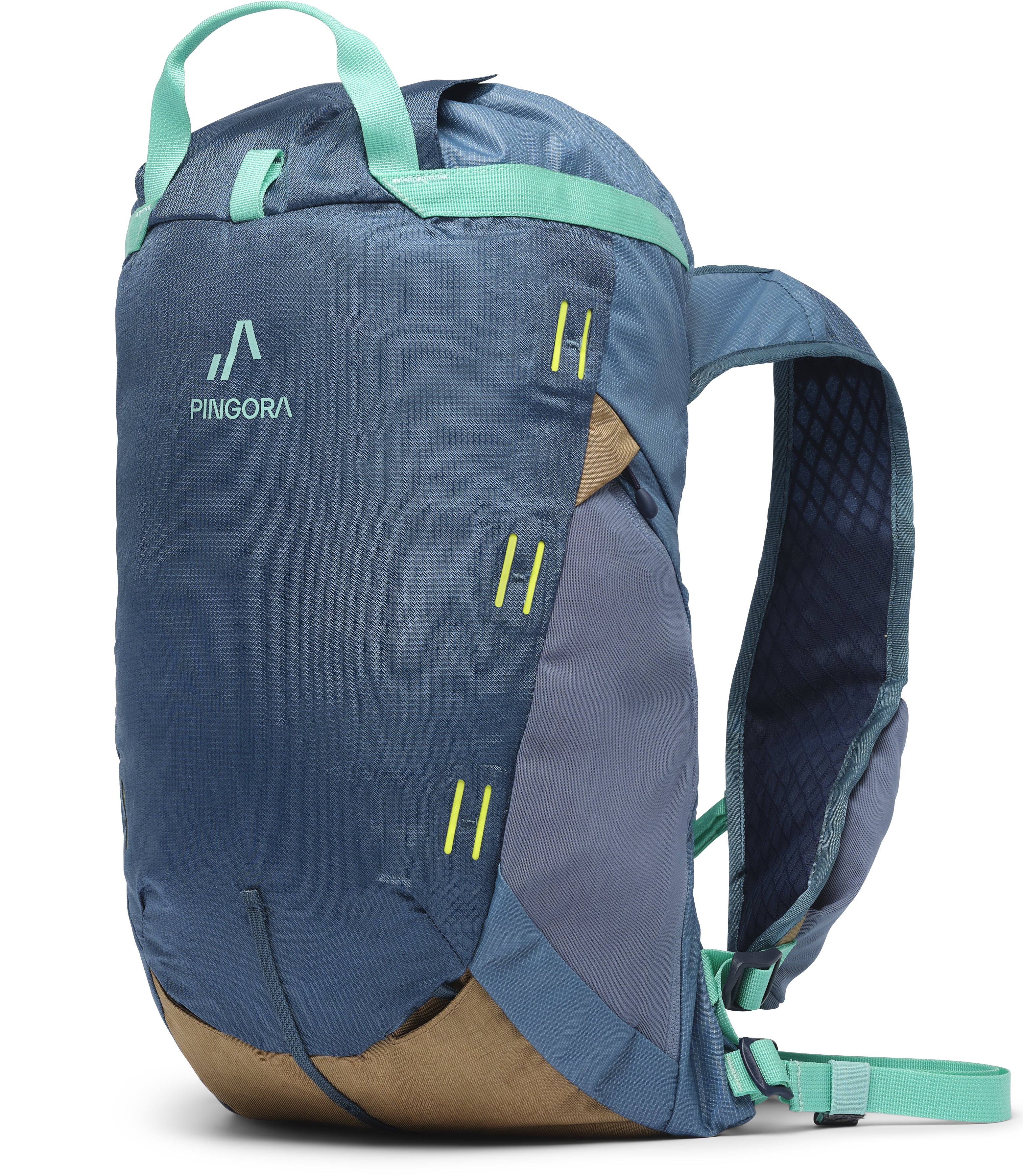 An ocean color Pingora 15 liter climbing and hiking backpack that features multiple zippers and side straps.