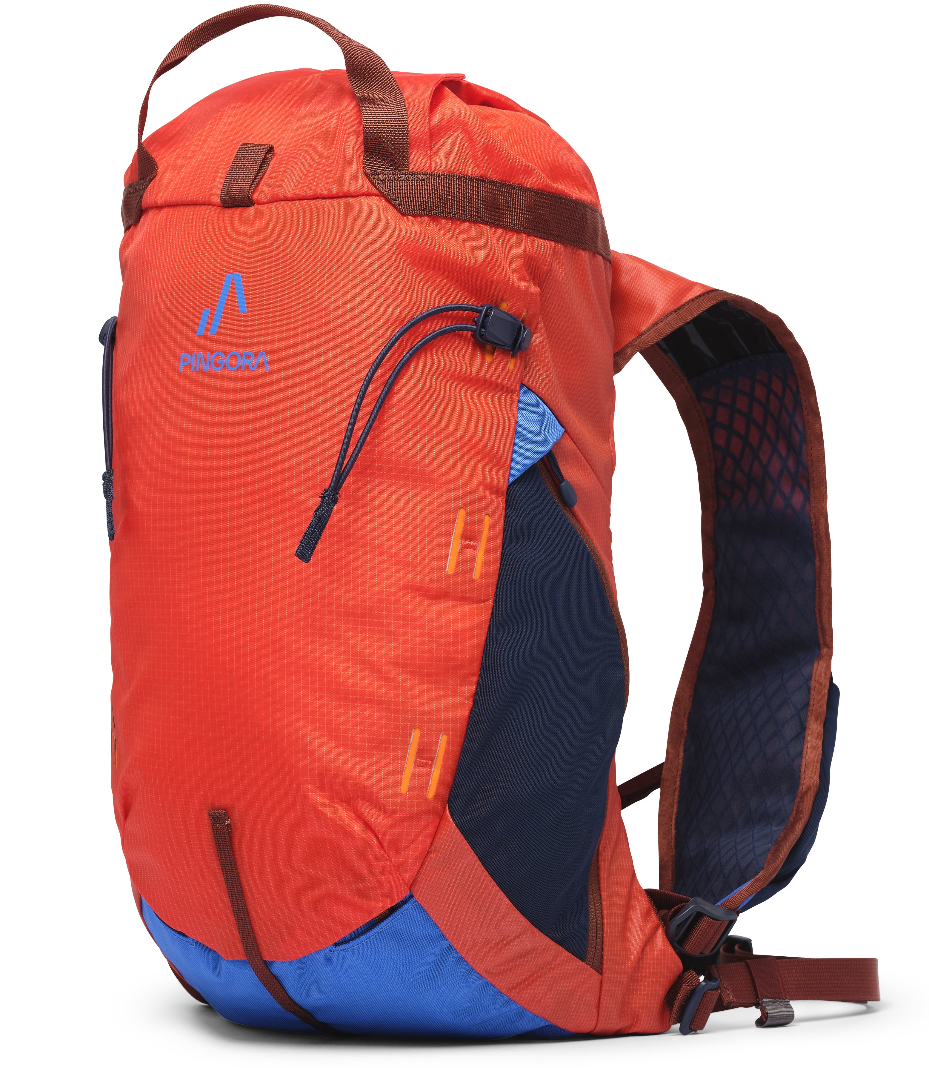 A red and blue Focus 23 backpack with adjustable straps and multiple compartments, designed for climbing and outdoor activities.