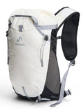 A white and black climbing and hiking backpack with black accents and visible brand logo 'Pingora' on the top left side. It features multiple zippers and side straps.