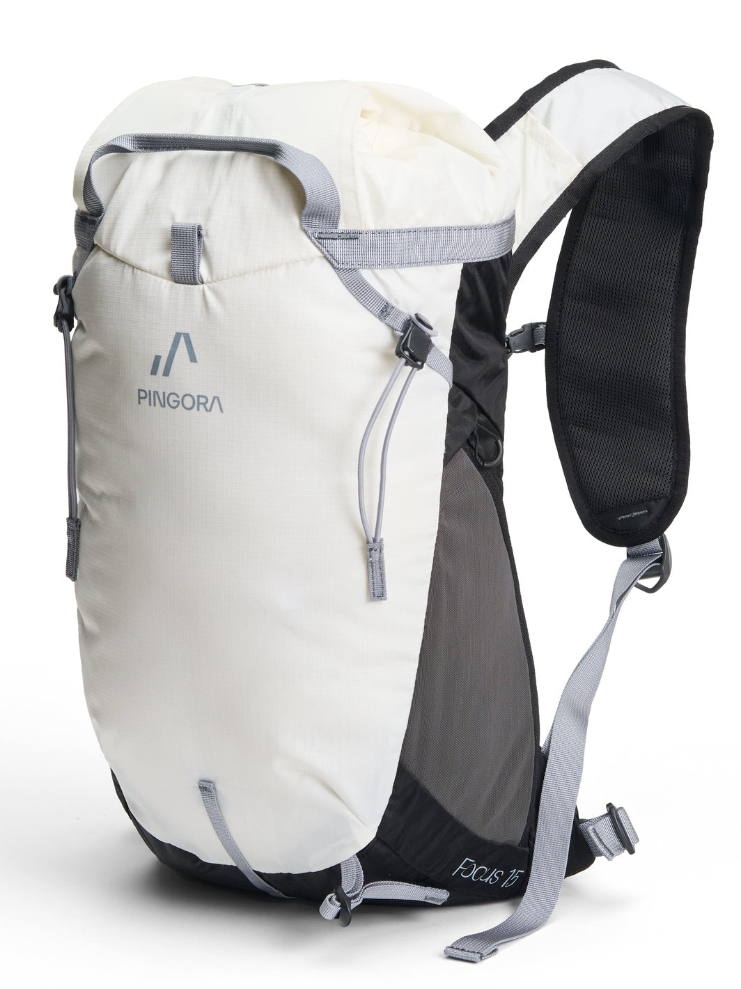 A white and black climbing and hiking backpack with black accents and visible brand logo 'Pingora' on the top left side. It features multiple zippers and side straps.