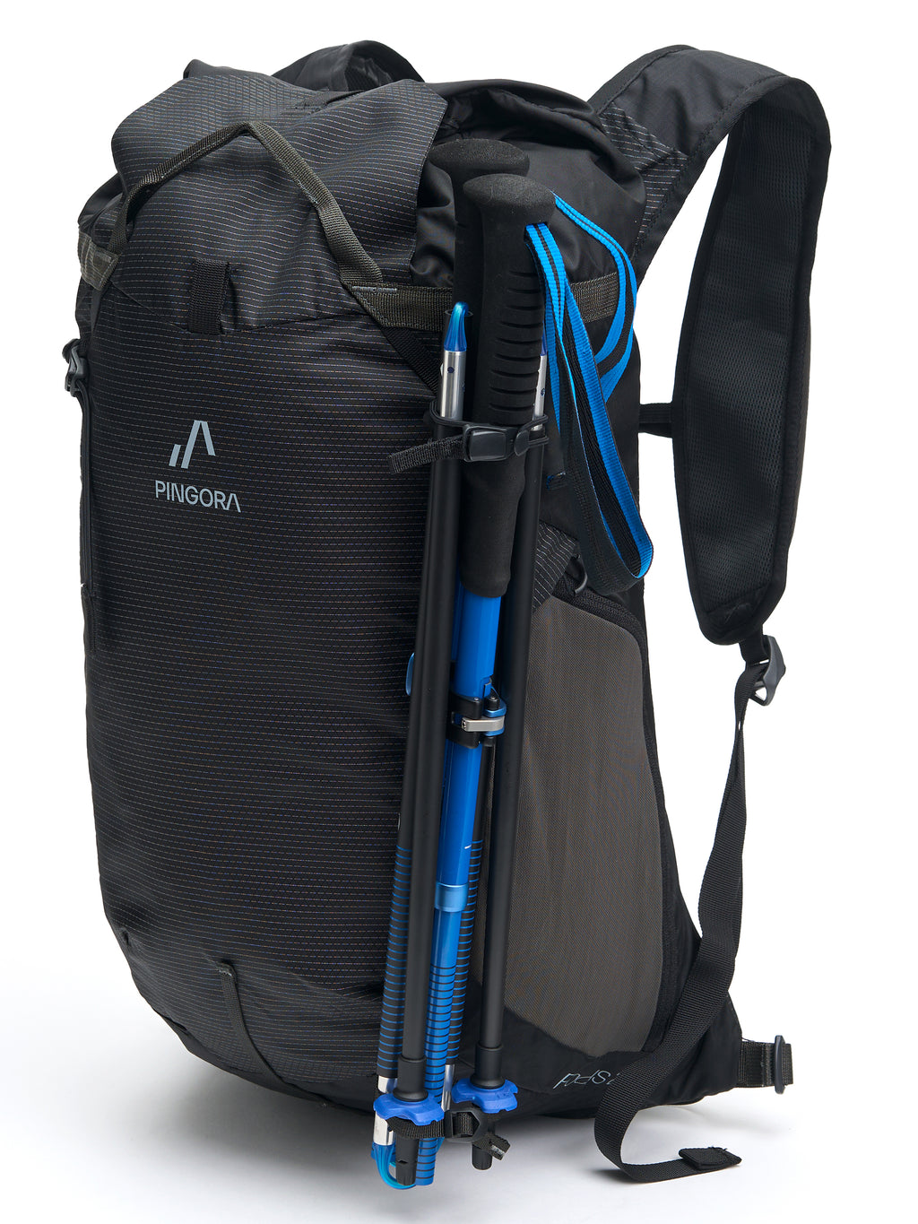 A black hiking and climbing backpack with black accents and visible brand logo 'Pingora' on the top left side. It features multiple zippers and side straps. The image is shows the trekking pole attachment system