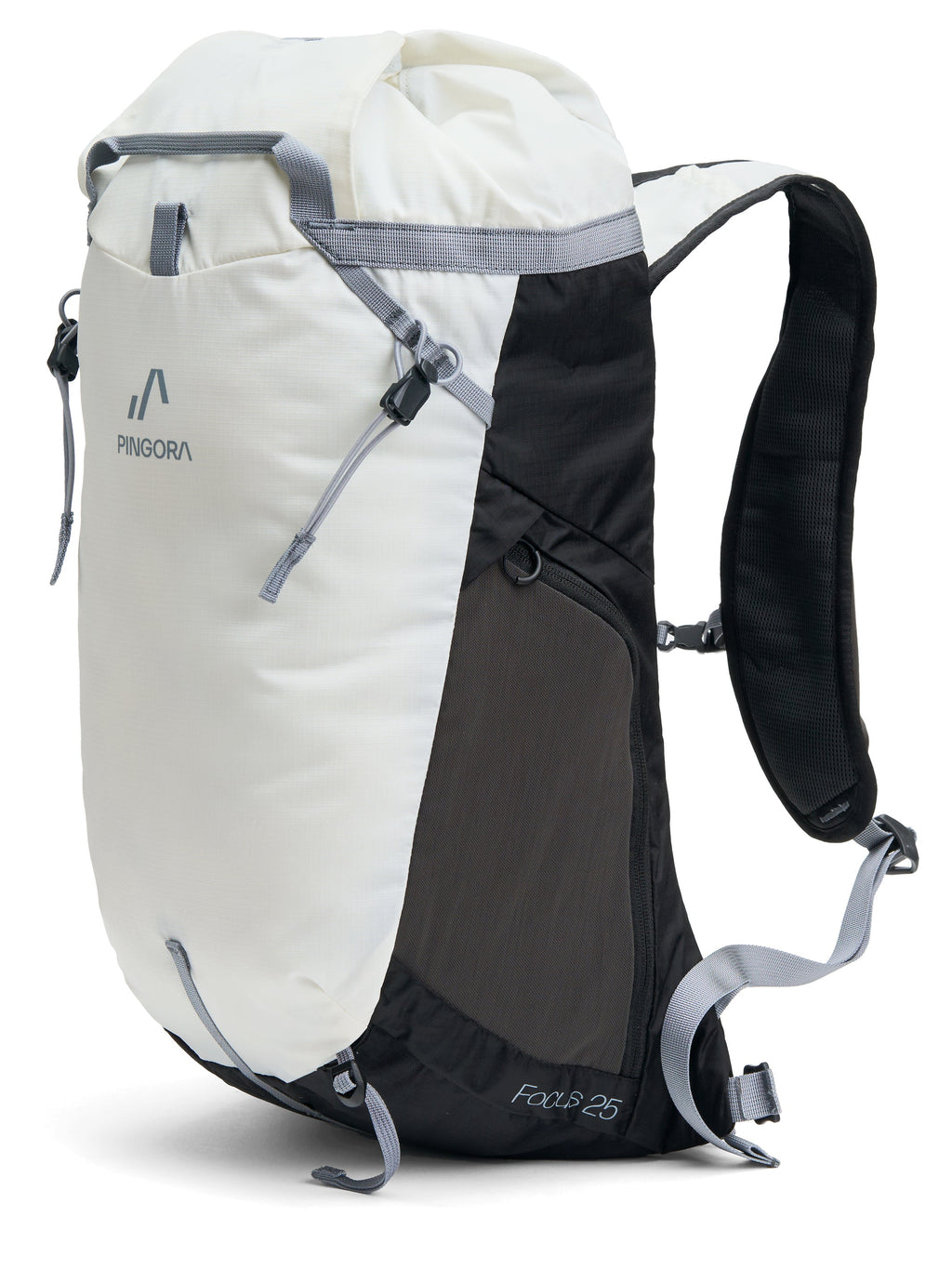 A white and black hiking and climbing backpack, featuring adjustable straps and a branded logo on the front.