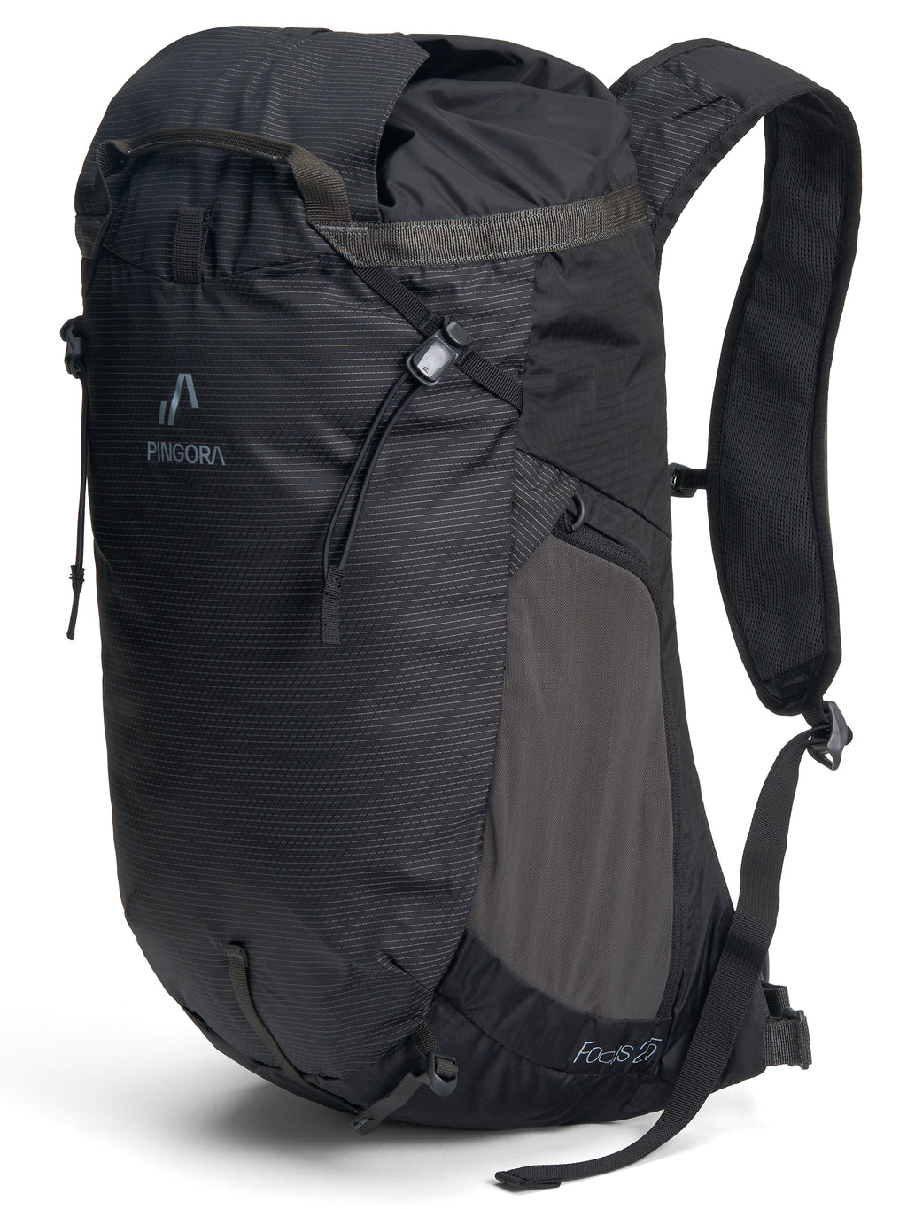 A black climbing backpack, featuring adjustable straps and a branded logo on the front.