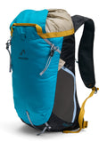 A blue and gray clibming backpack with yellow accents, featuring adjustable straps and a branded logo on the front.
