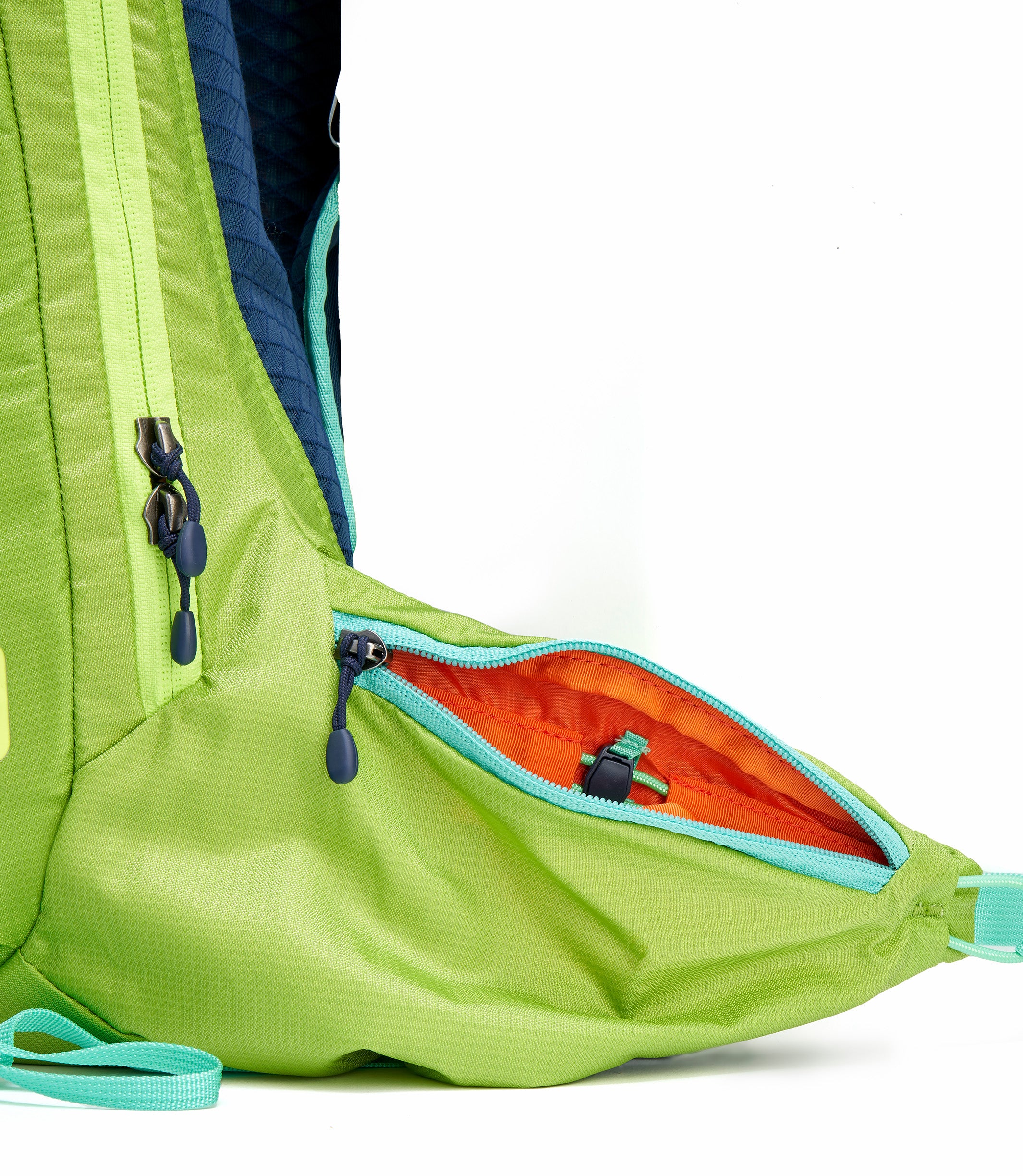 A green Pingora Impulse hydration pack designed for outdoor activities such as hiking and trail running, featuring multiple storage compartments and adjustable straps. Showing waist belt pocket