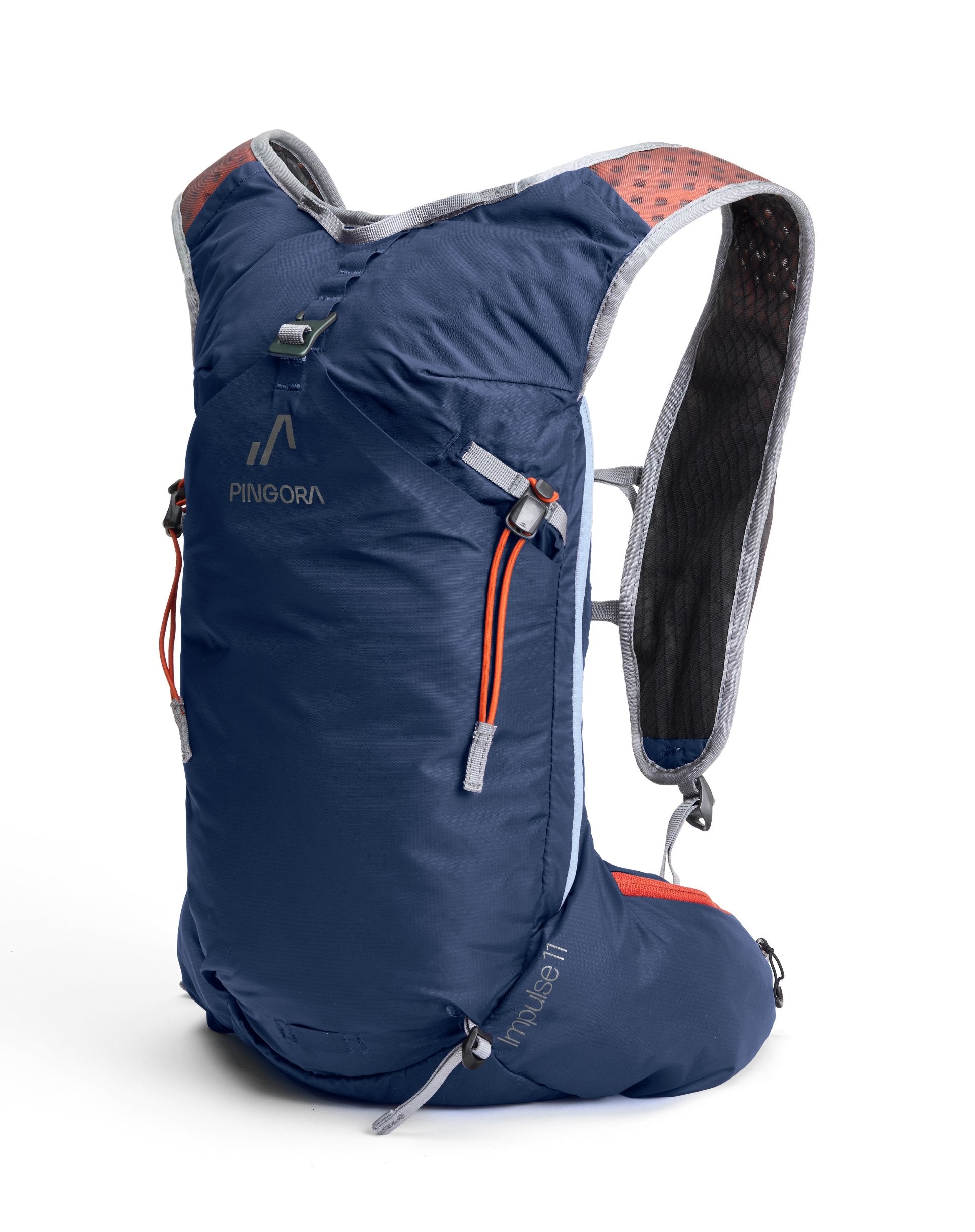 A steel blue Pingora Impulse hydration pack designed for outdoor activities such as hiking and trail running, featuring multiple storage compartments and adjustable straps.