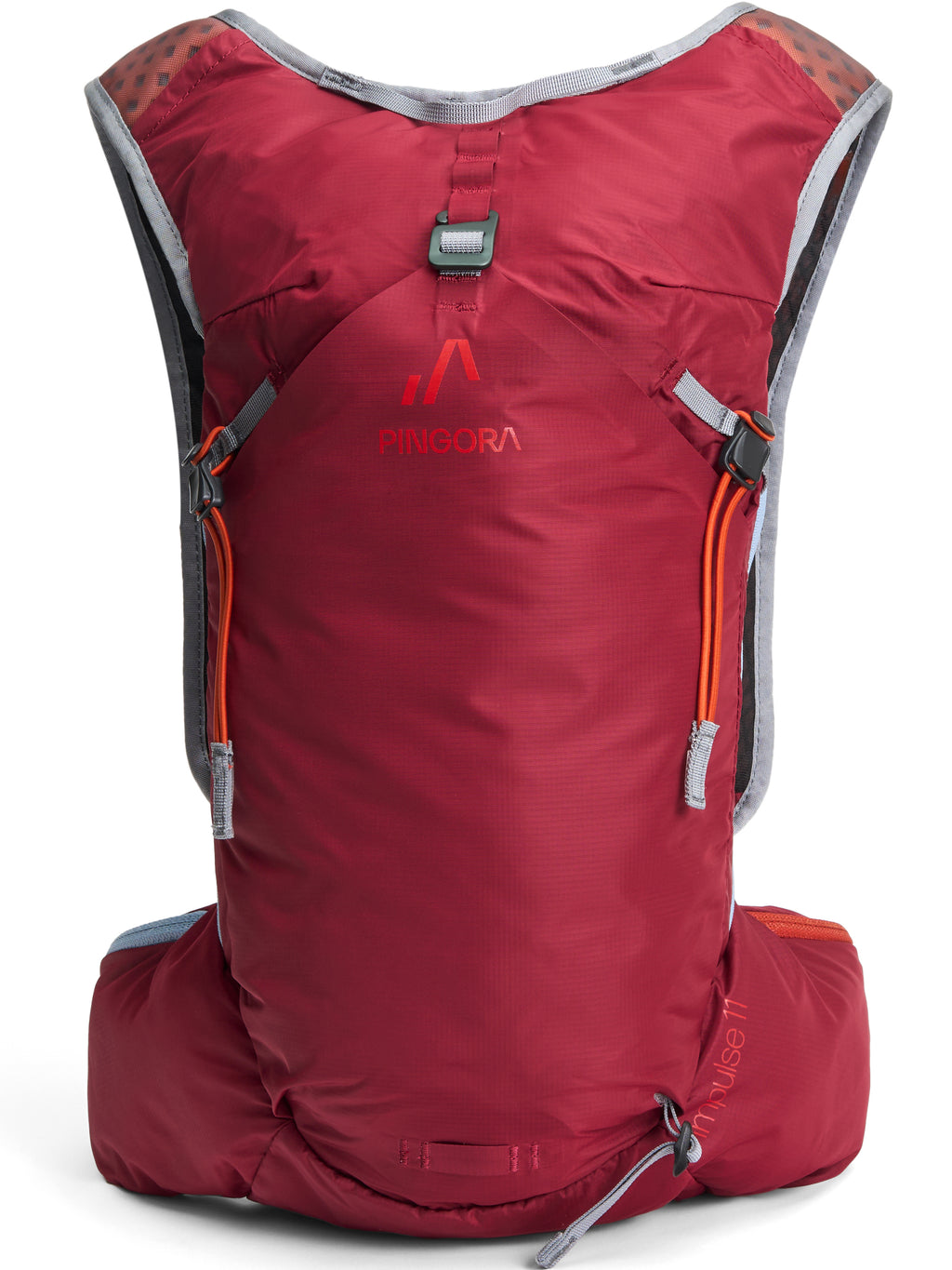 A berry Pingora Impulse hydration pack designed for outdoor activities such as hiking and trail running, featuring multiple storage compartments and adjustable straps.