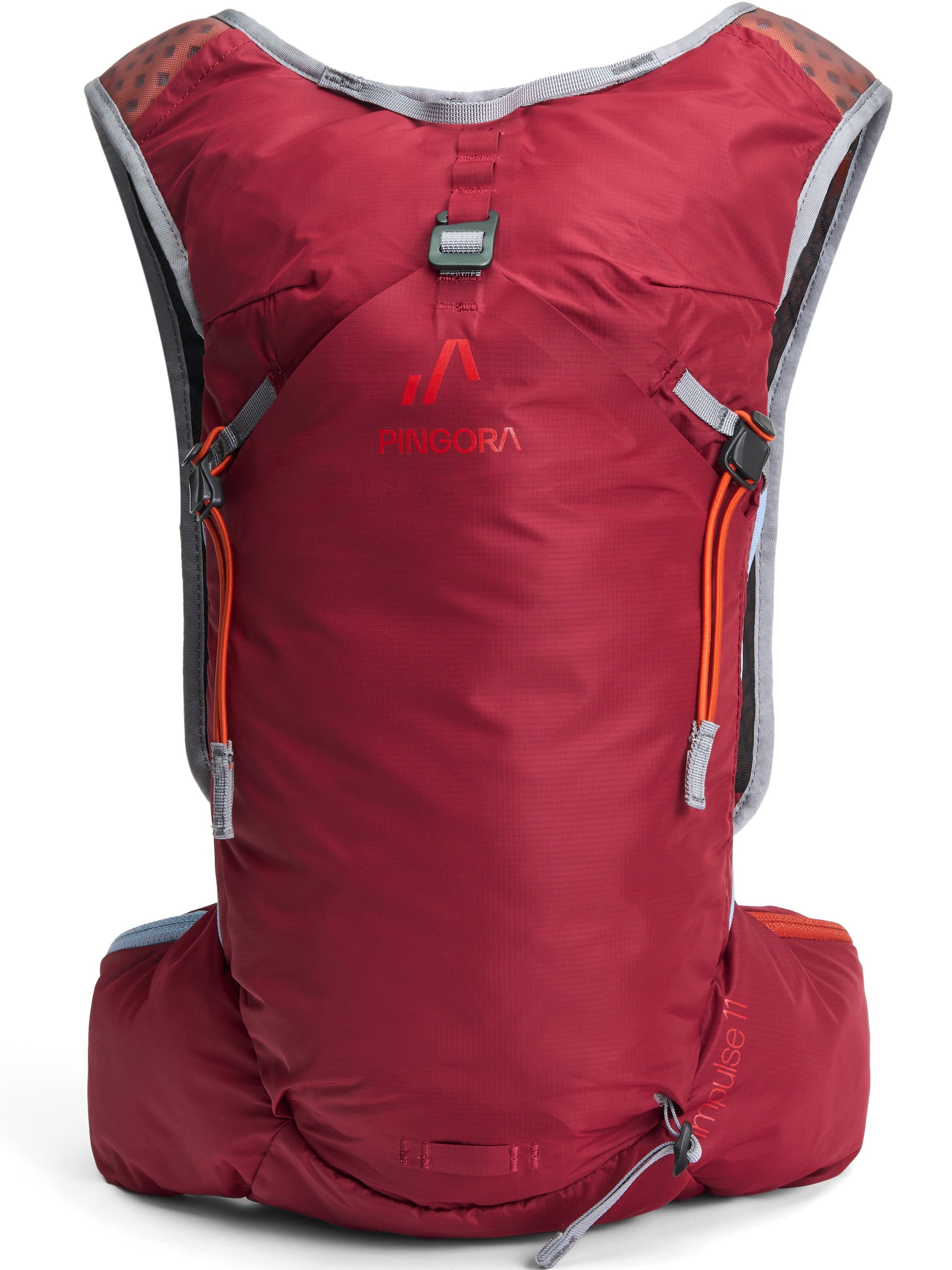 A berry Pingora Impulse hydration pack designed for outdoor activities such as hiking and trail running, featuring multiple storage compartments and adjustable straps.