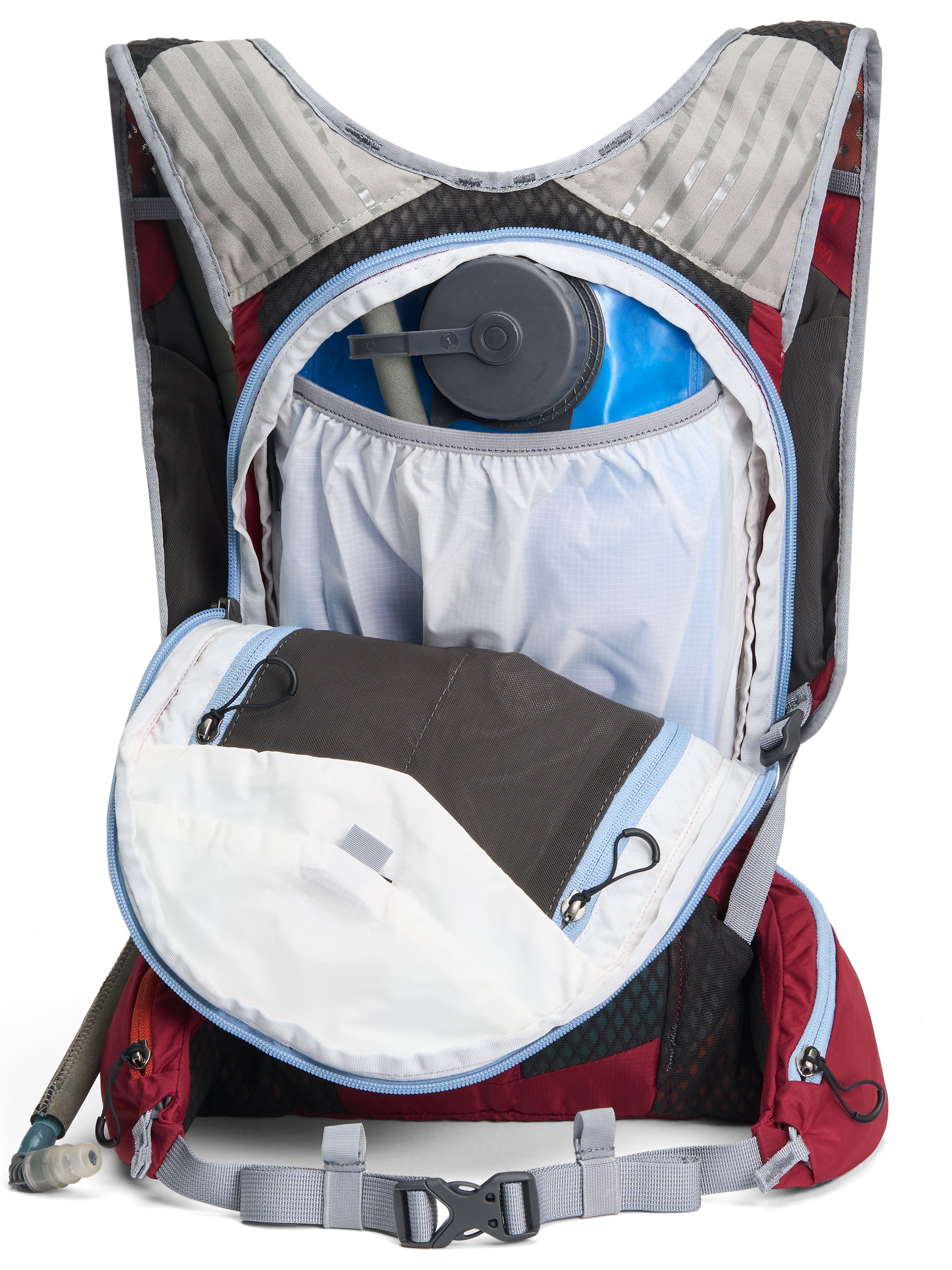 A berry Pingora Impulse hydration pack designed for outdoor activities such as hiking and trail running, featuring multiple storage compartments and adjustable straps.