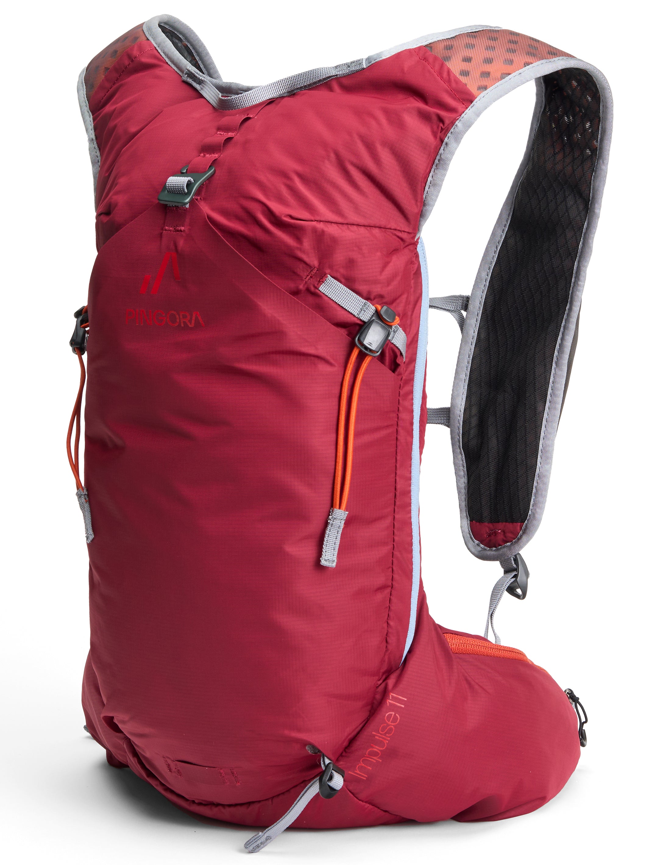 A berry color Pingora Impulse hydration pack designed for outdoor activities such as hiking and trail running, featuring multiple storage compartments and adjustable straps.