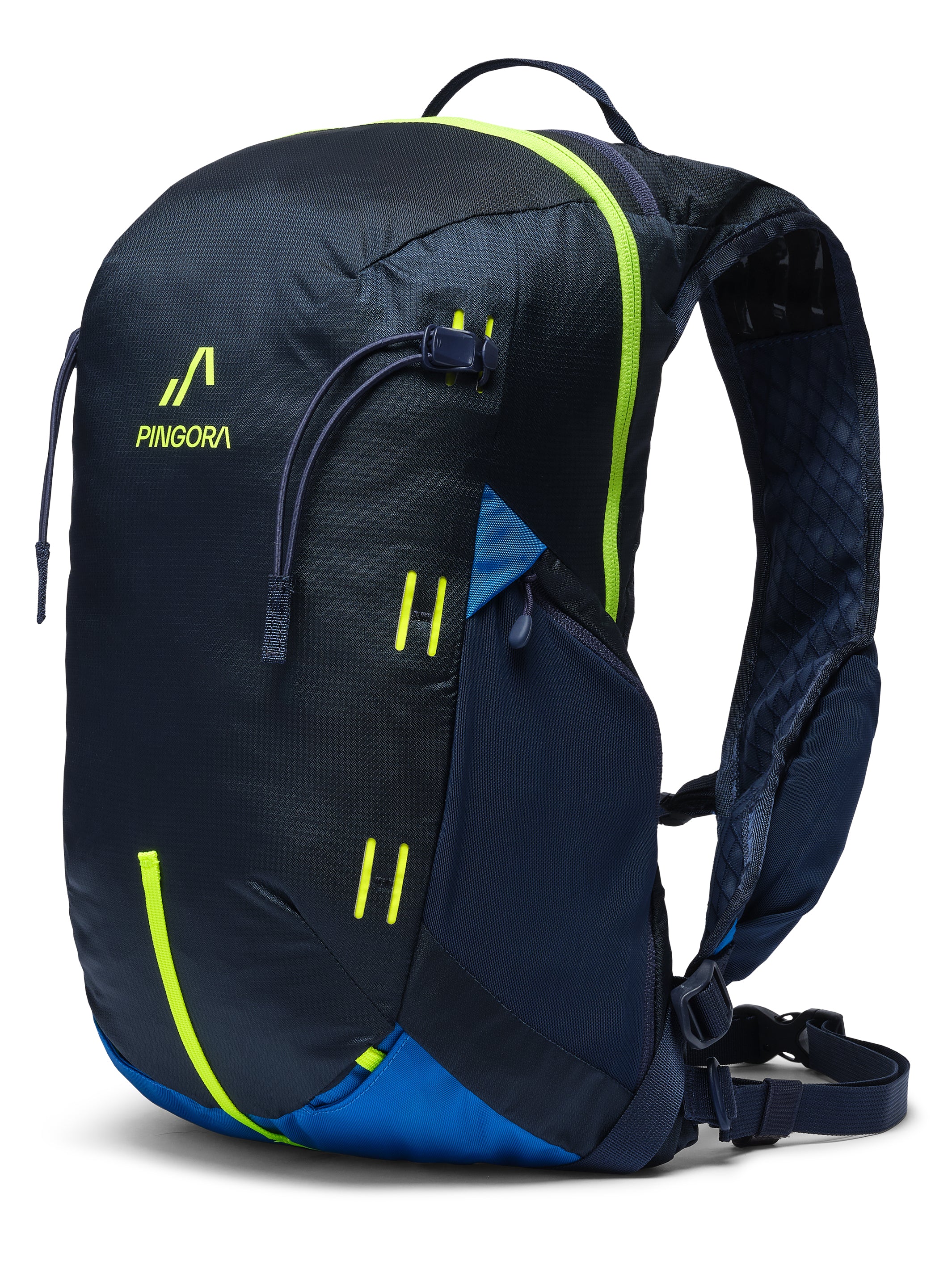 A black, blue, and gray Lucide 13L hiking backpack with adjustable shoulder straps and multiple zippered compartments.