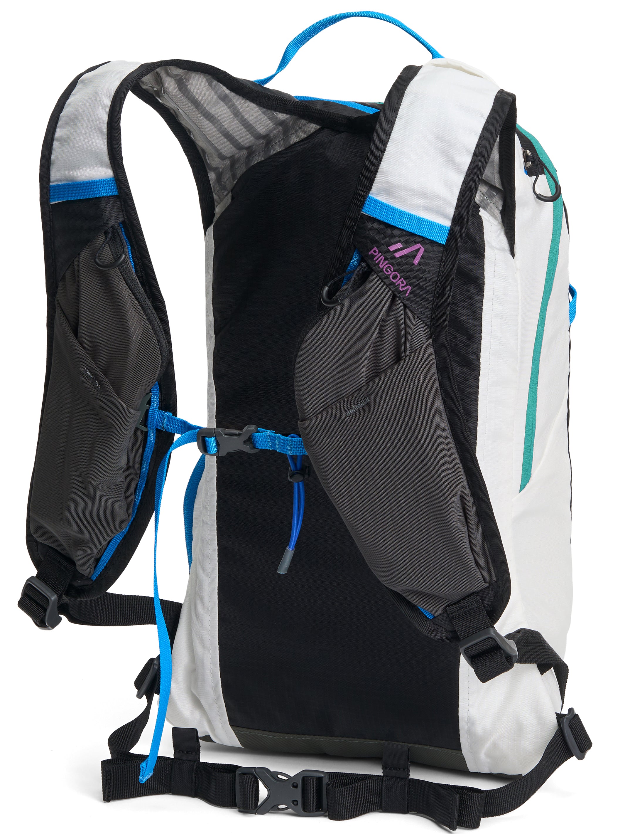 Pingora Lucid 13L Hiking Backpack harness view showing harness pocket and chest strap for a great fit. 