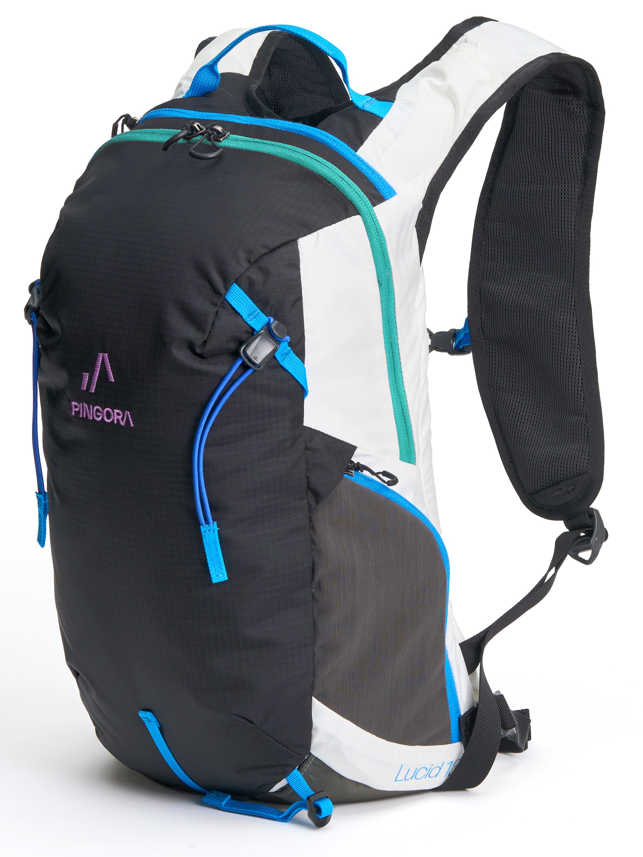 A black, blue, and white Pingora Lucid 13L hiking backpack with adjustable shoulder straps and multiple zippered compartments, featuring the 'Pringora' brand logo on the front.
