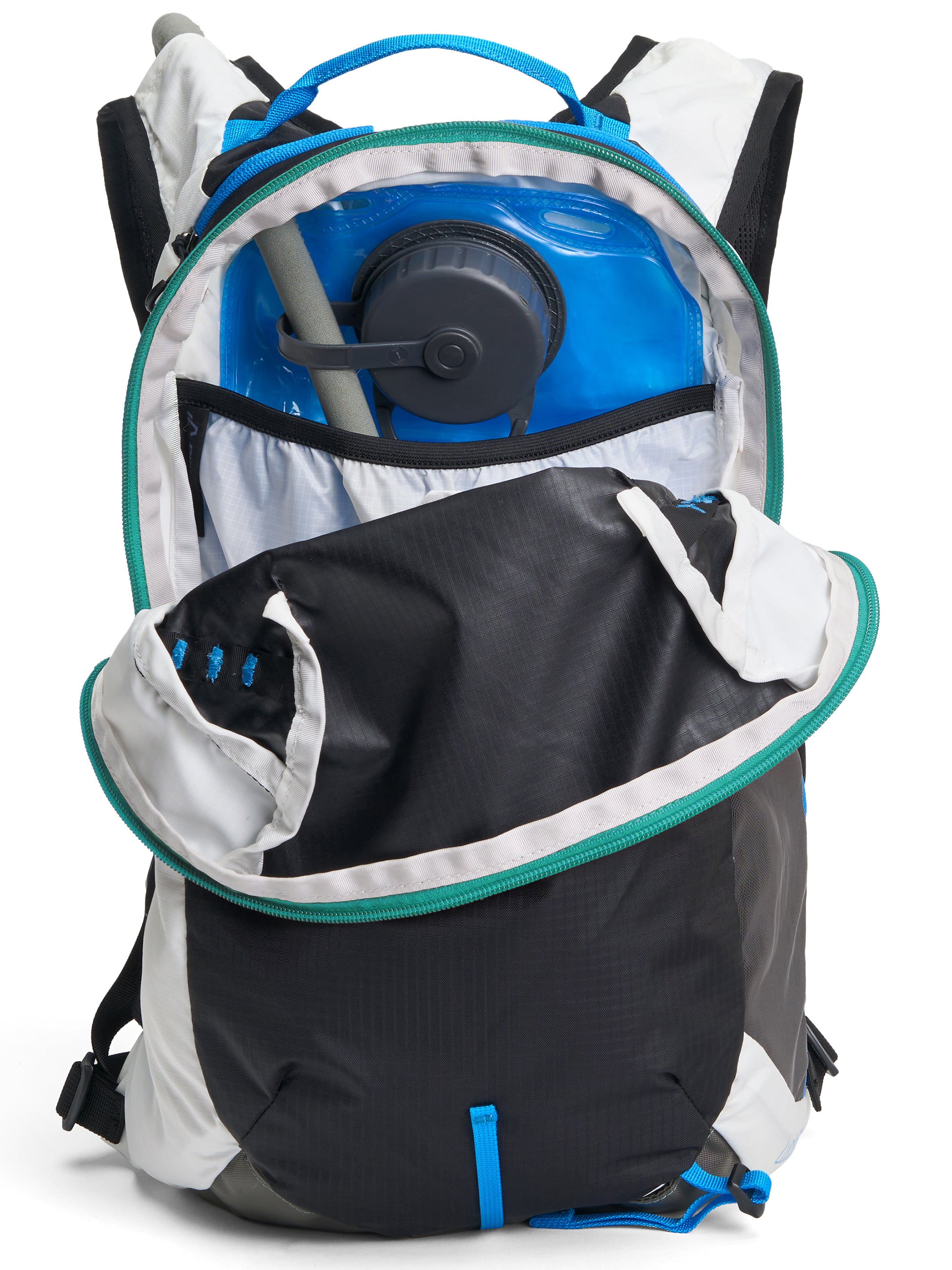 Pingora Lucid 13L Hiking Backpack harness view showing how the hydration reservoir (bladder) fits securely in the backpack.