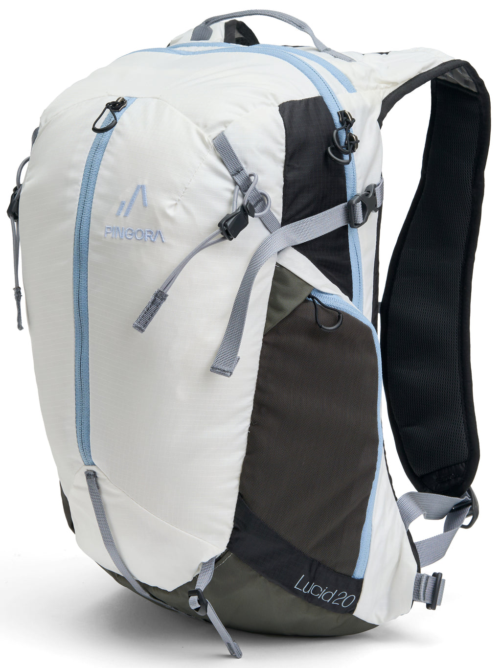 Pingora Lucid Hiking 20L backpack showing front zipper and side pocket in artic white color.