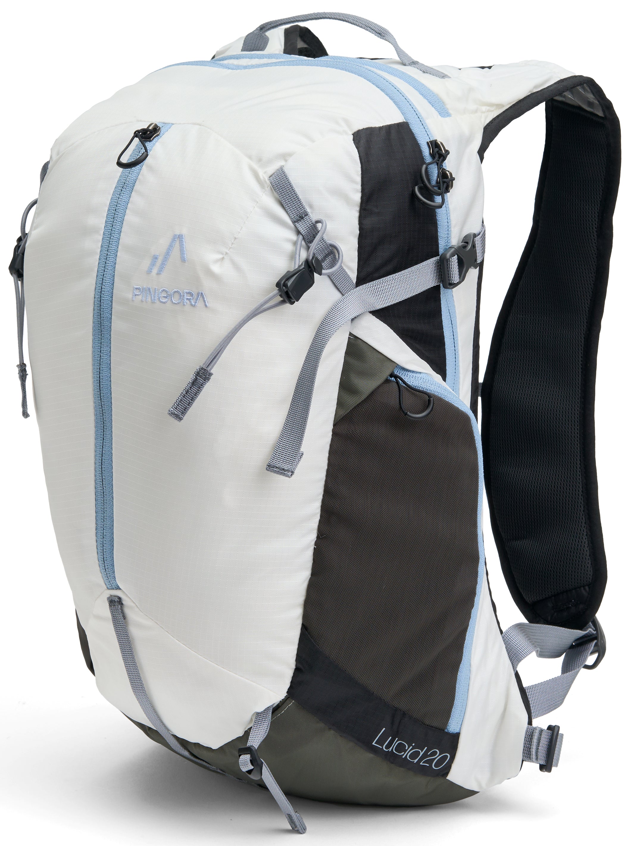 Pingora Lucid Hiking 20L backpack showing front zipper and side pocket in artic white color.