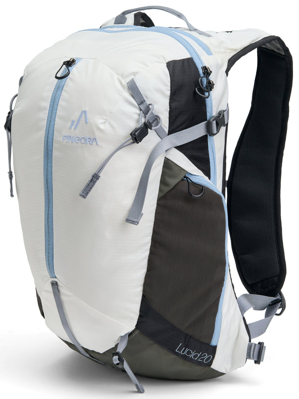 Pingora Lucid Hiking 20L backpack showing front zipper and side pocket in artic white color.