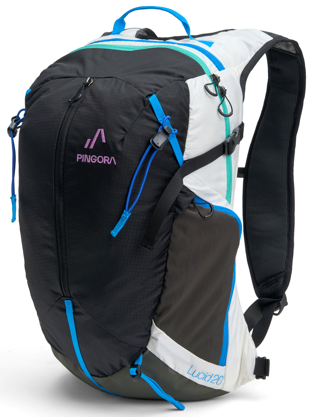 A black and white Pingora Lucid 20L hiking backpack with teal and blue accents and multiple compartments, designed for hiking and travel.
