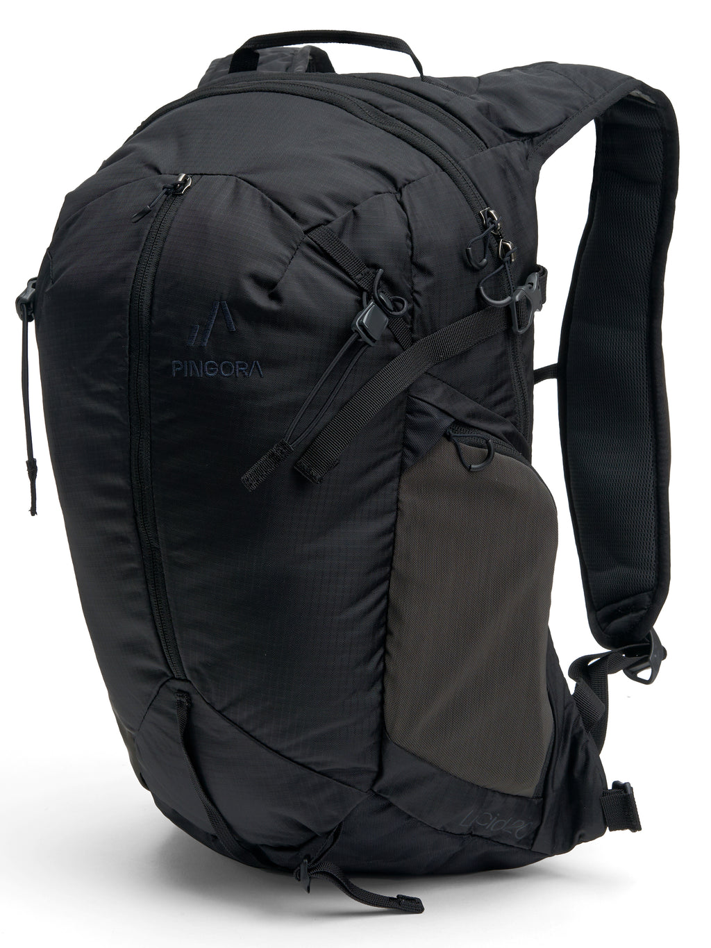 A Pingora Lucid 20L gray hiking backpack with multiple compartments, designed for hiking and travel.