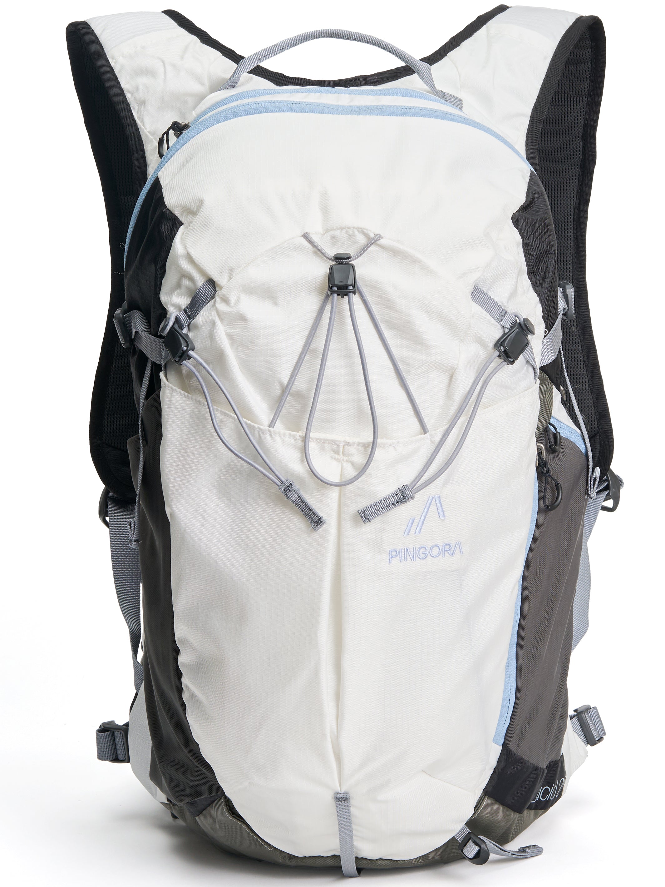 Pingora Lucid 25L hiking backpack showing front pocket and pole attachment loops.