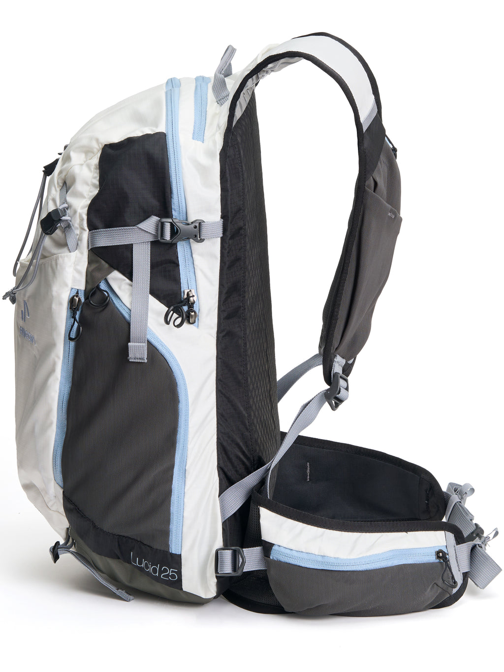 Pingora Lucid 25L hiking backpack showing side view with pocket, waist belt with pockets.