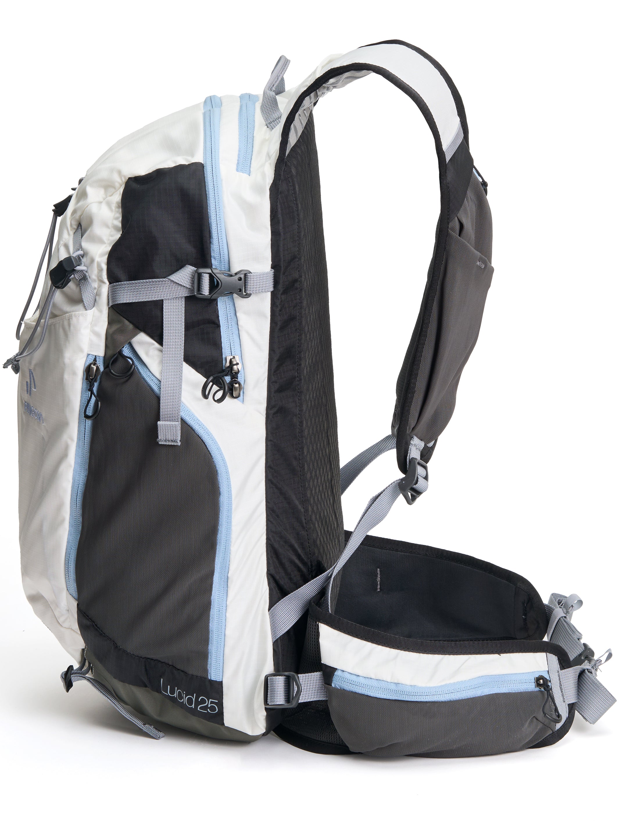 Pingora Lucid 25L hiking backpack showing side view with pocket, waist belt with pockets.