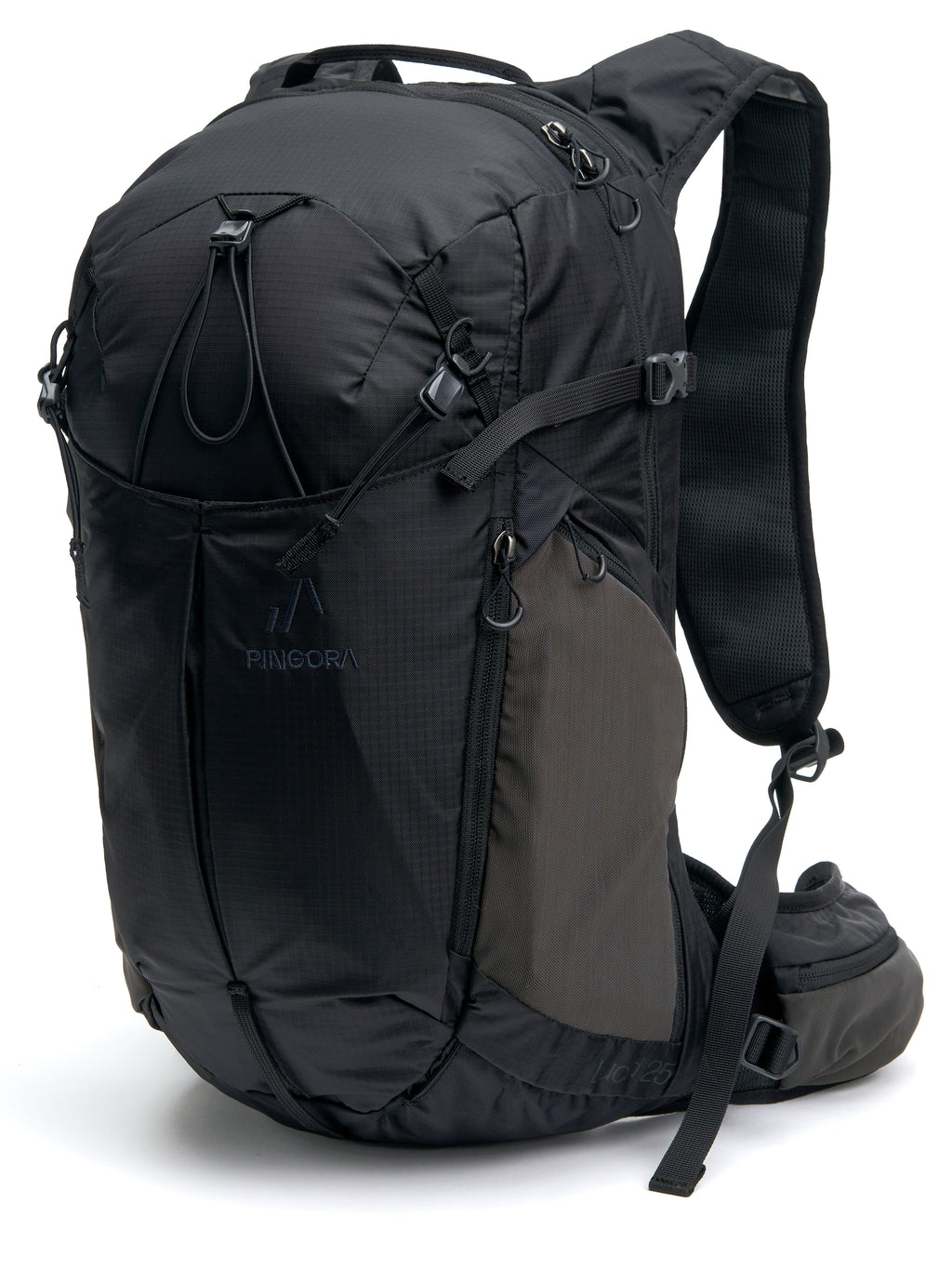 Pingora Lucid 25L hiking backpack showing front pocket and side pocket in outerspace color.