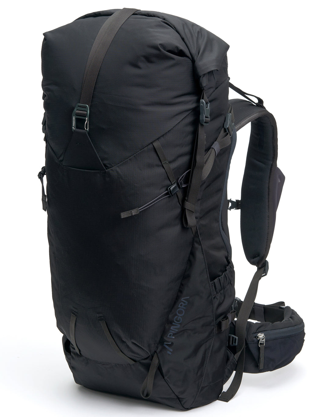 Pingora Outro Backpacking Backpack in black showing 3/4 view.