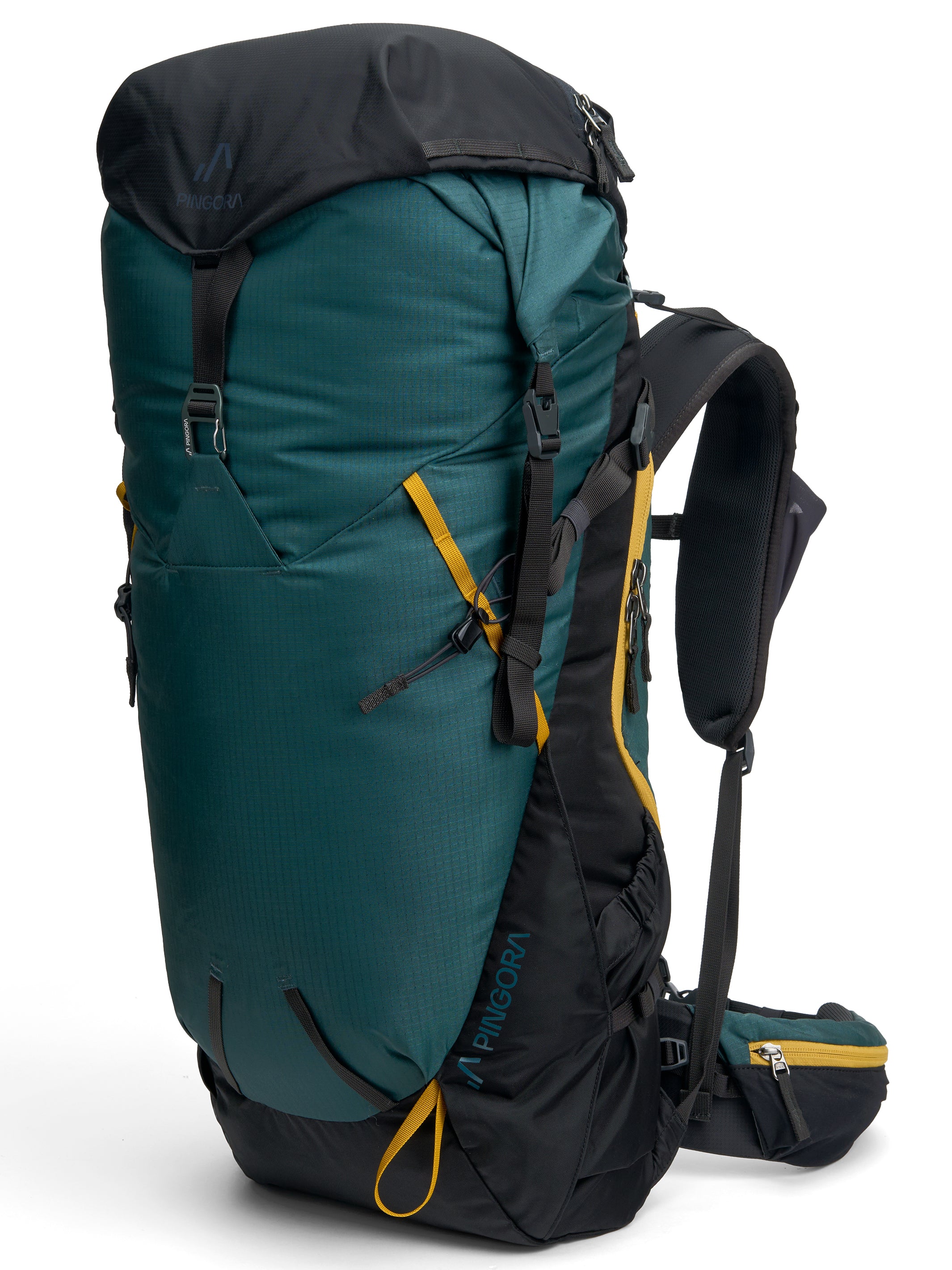 A green and black Outro 40 backpack with yellow straps and adjustment systems, designed for backpacking.