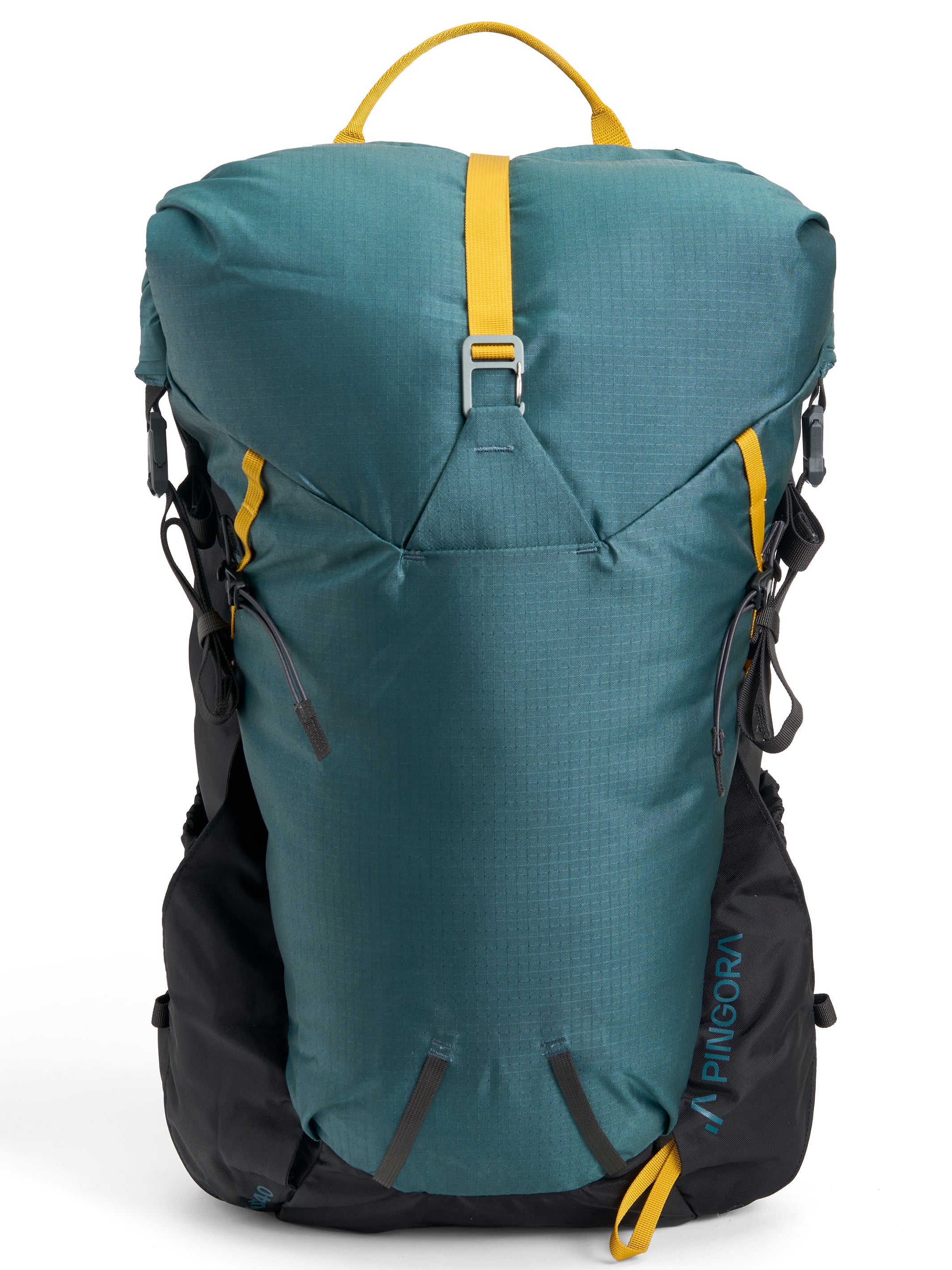 A green and black Outro backpack with yellow straps, designed for outdoor backpacking