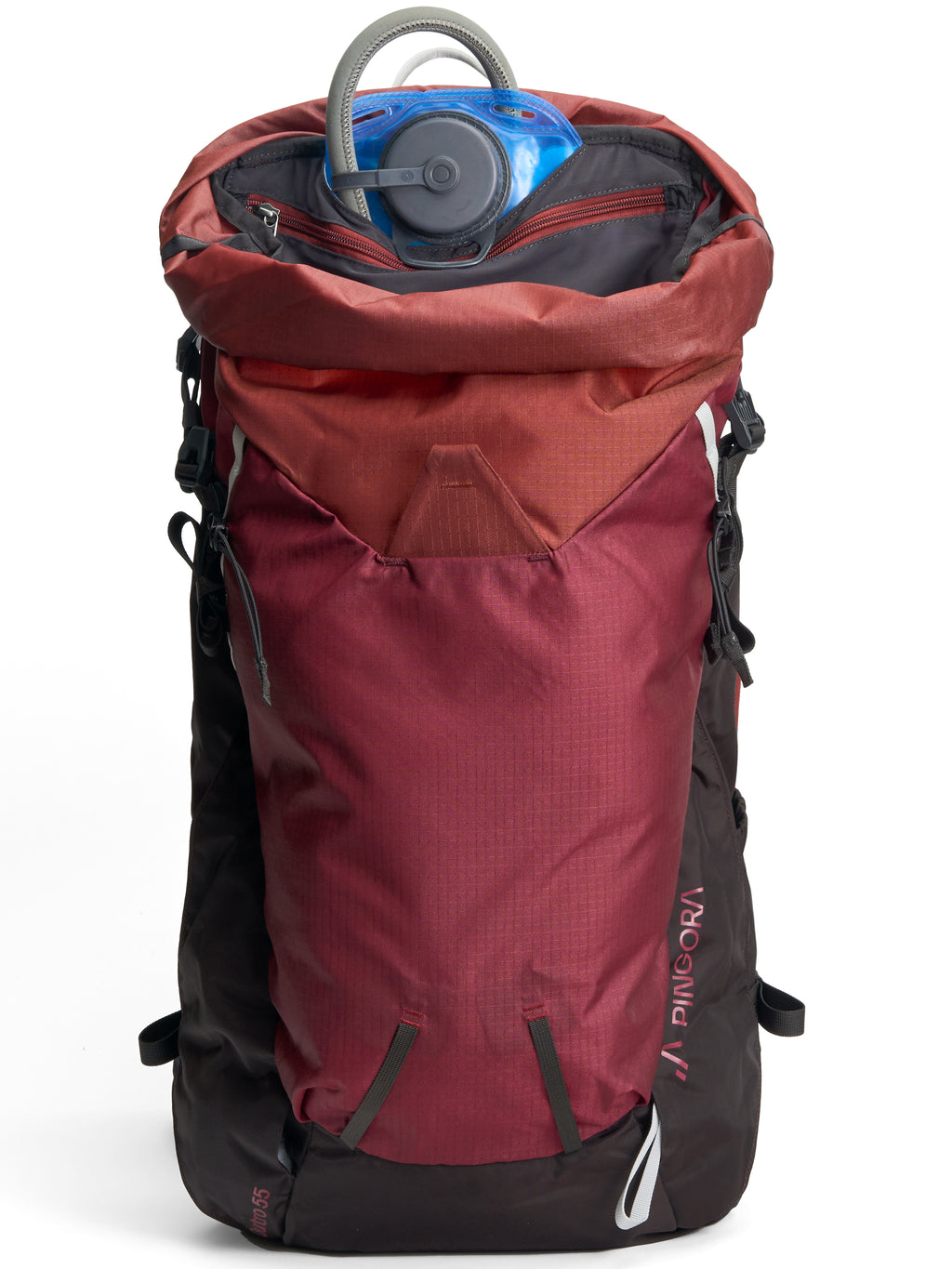 A red and black Pingora Outro 55 Backpacking backpack showing the hydration reservoir area