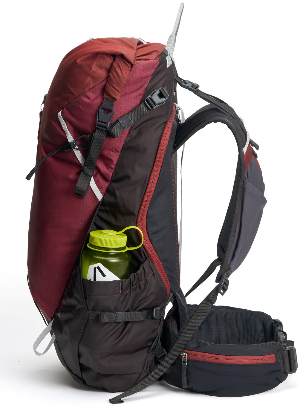 A red and black Pingora Outro 55 Backpacking backpack showing side pocket