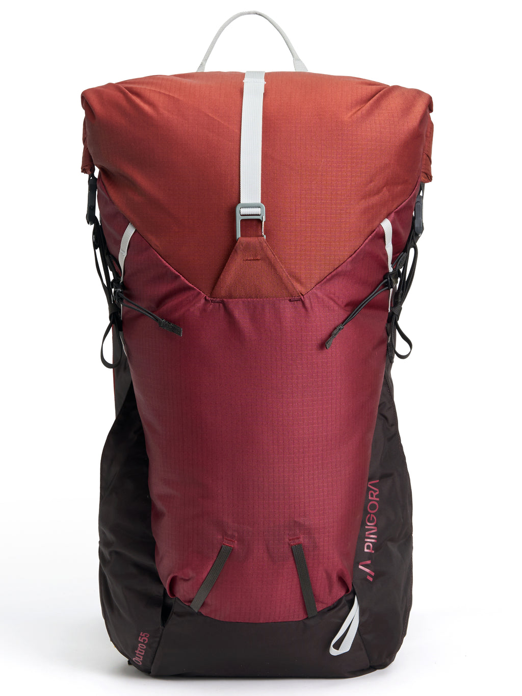 A red and black Outro 55 backpack with adjustable straps and a roll top closure.