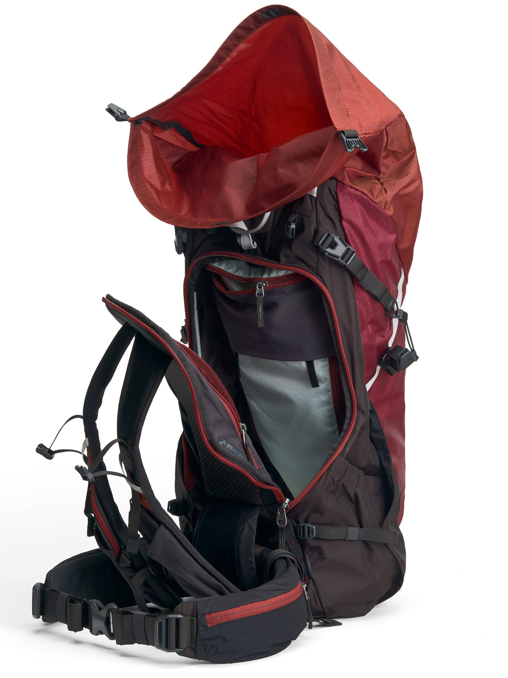A red and black Pingora Outro 55 Backpacking backpack showing the 50/50 packing system