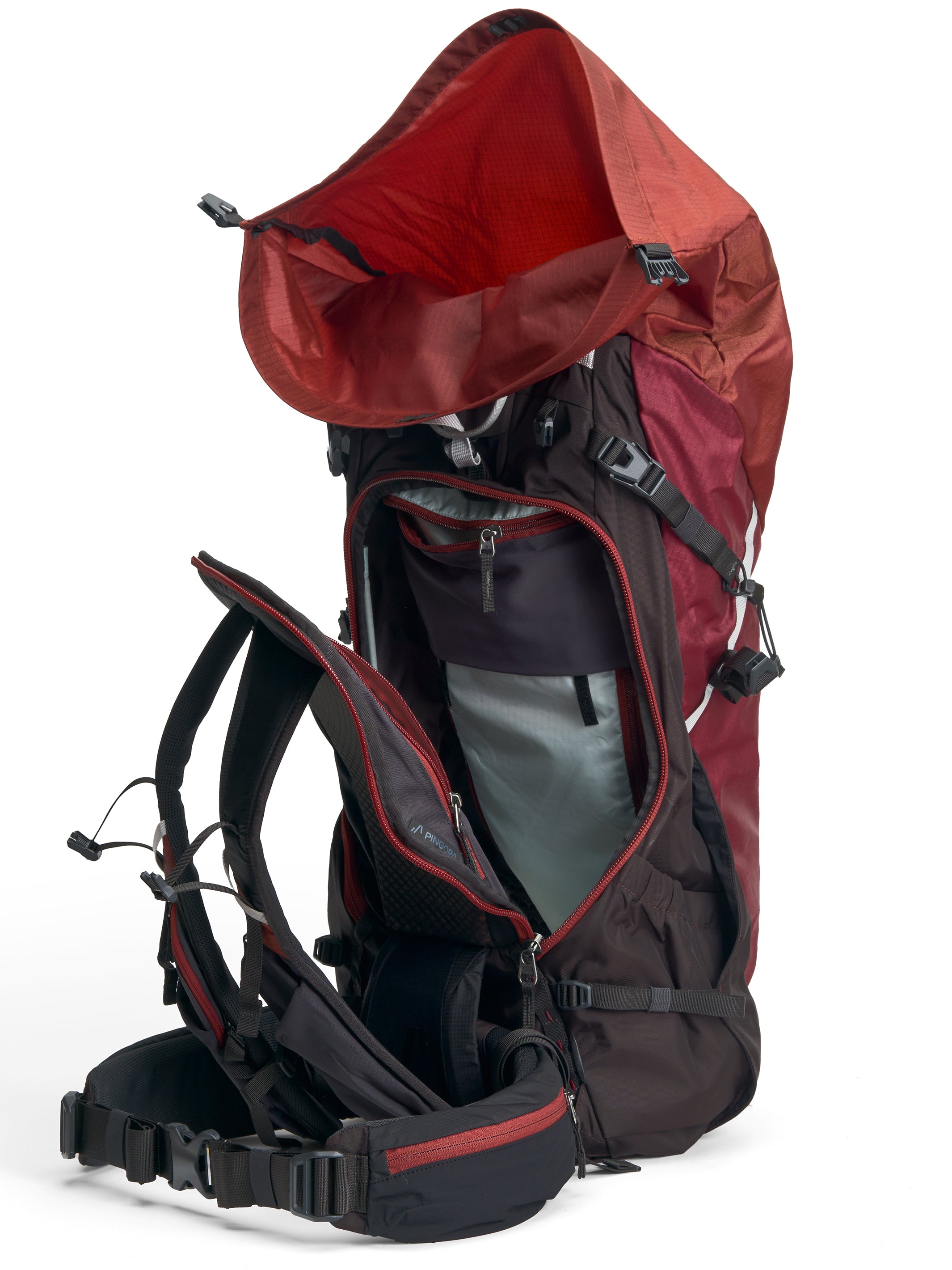 A red and black Pingora Outro 55 Backpacking backpack showing the 50/50 packing system