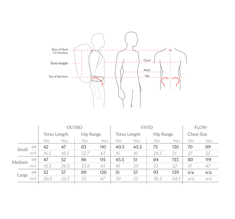 Size chart for Pingora Outro 40 Backpacking Pack