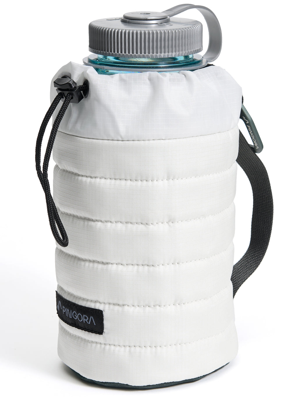 A white Pingora puffy water bottle holder showing a polycarbonate bottle inside the holder