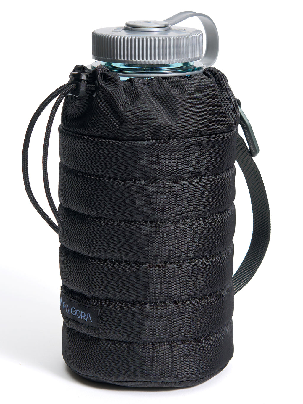 A black Pingora puffy bottle holder showing a polycarbonate bottle inside the holder