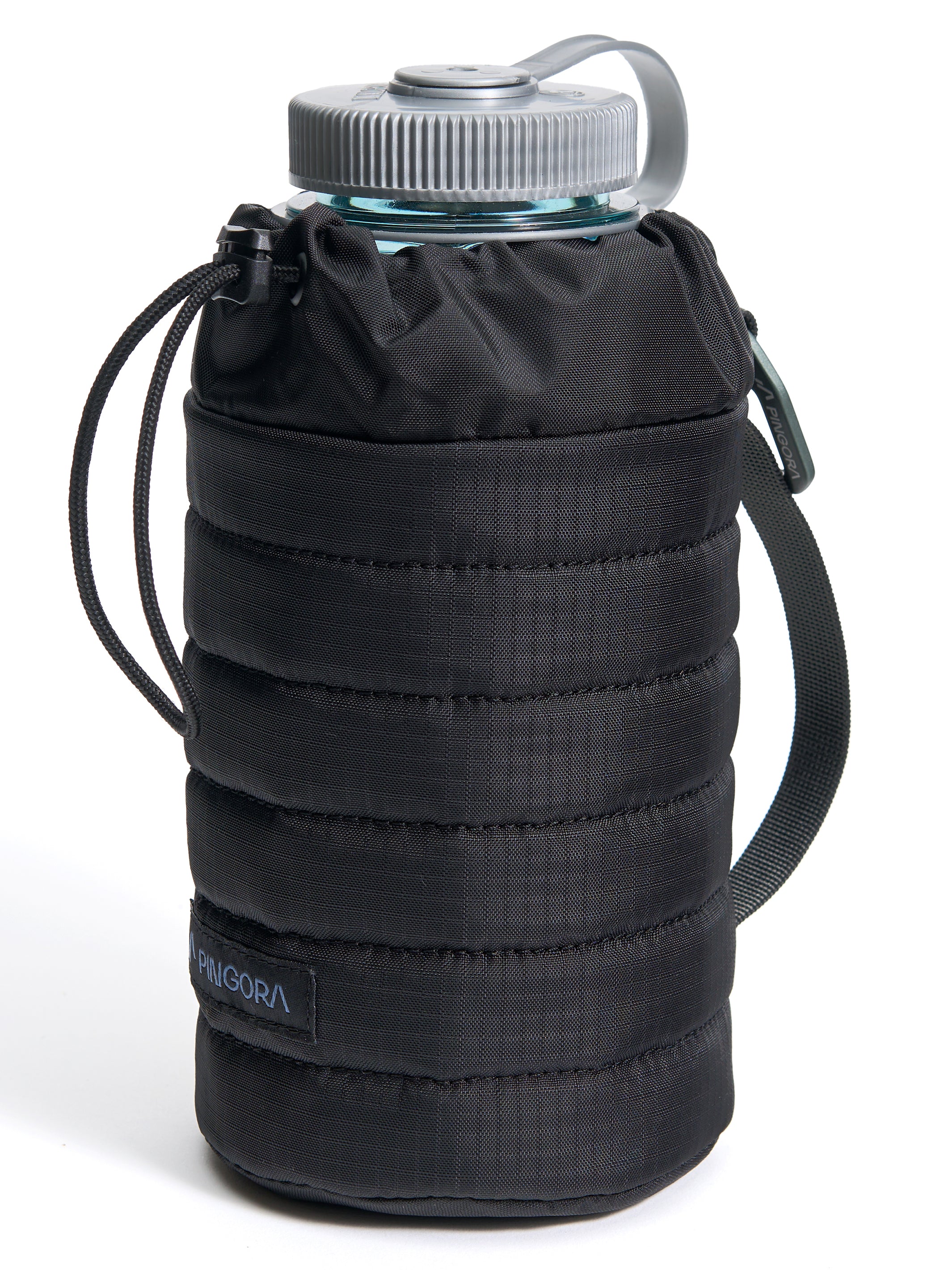 A black Pingora puffy bottle holder showing a polycarbonate bottle inside the holder