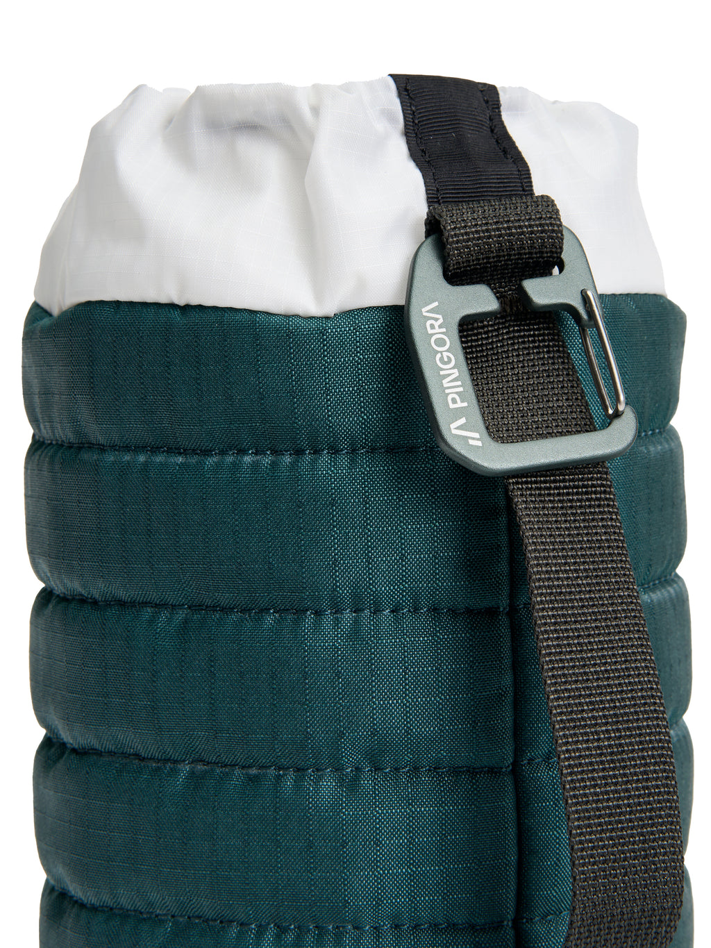 A green and white Pingora puffy bottle holder showing the carabiner attachment