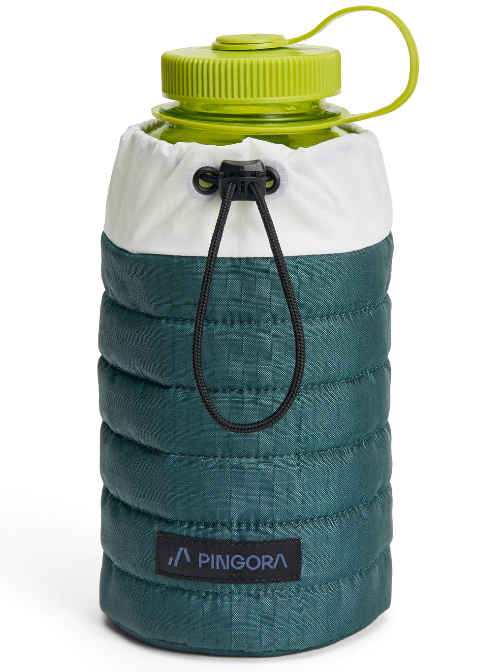 A green and white Pingora puffy bottle holder showing a polycarbonate bottle inside the holder